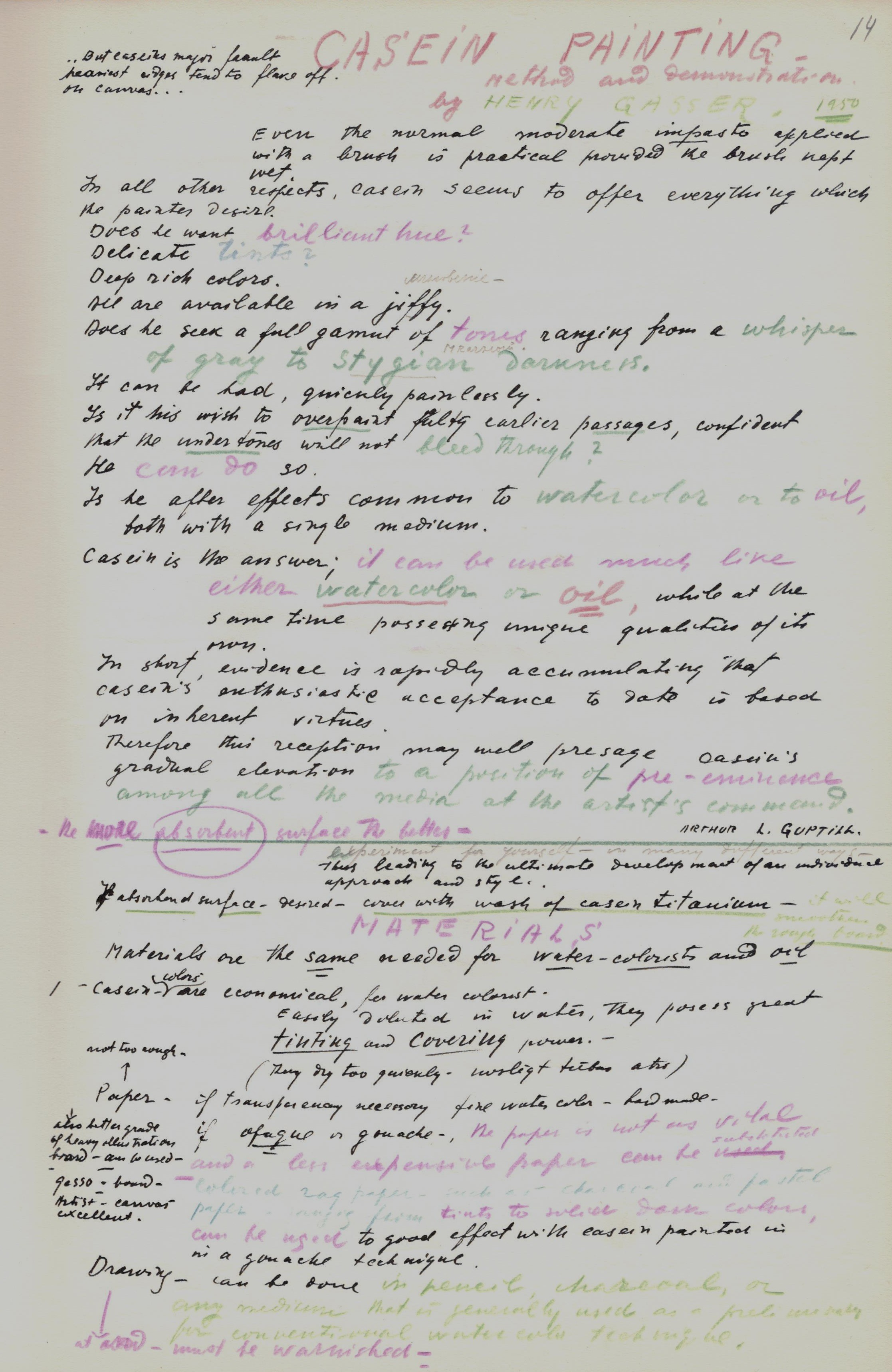 Fragments par gleznošanas tehnikām un piederumiem no Jāņa Munča pierakstu un konspektu burtnīcas. Angļu val. Ap 1950. – 1955. gadu.