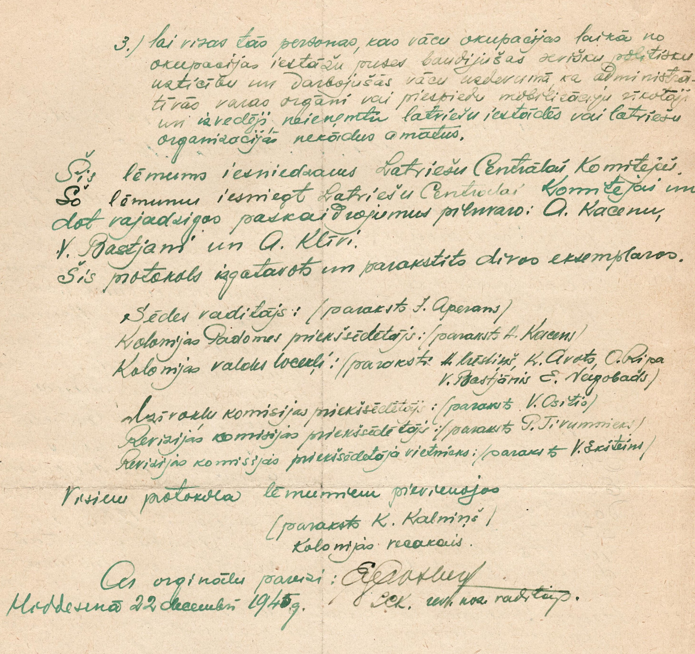 Eslingenes latviešu bēgļu nometnes valdes sēdes protokols. 1945.gada 1.decembrī.