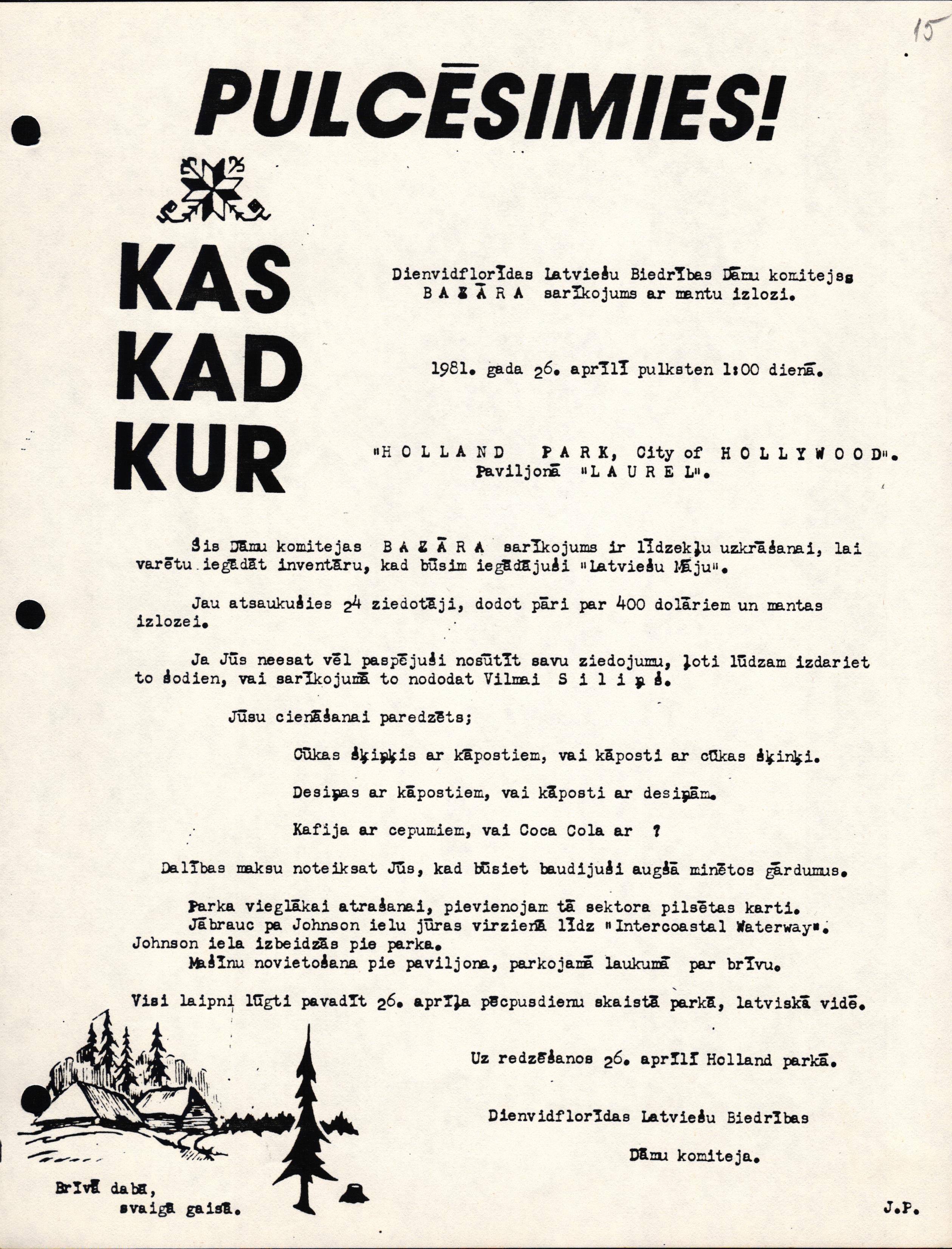 Informatīva lapa par Dienvidfloridas Latviešu biedrības Dāmu komitejas sarīkojumu "Bazārs" 1981. gada 26. aprīlī līdzekļu uzkrāšanai latviešu centra "Latviešu Māja" izveidei.