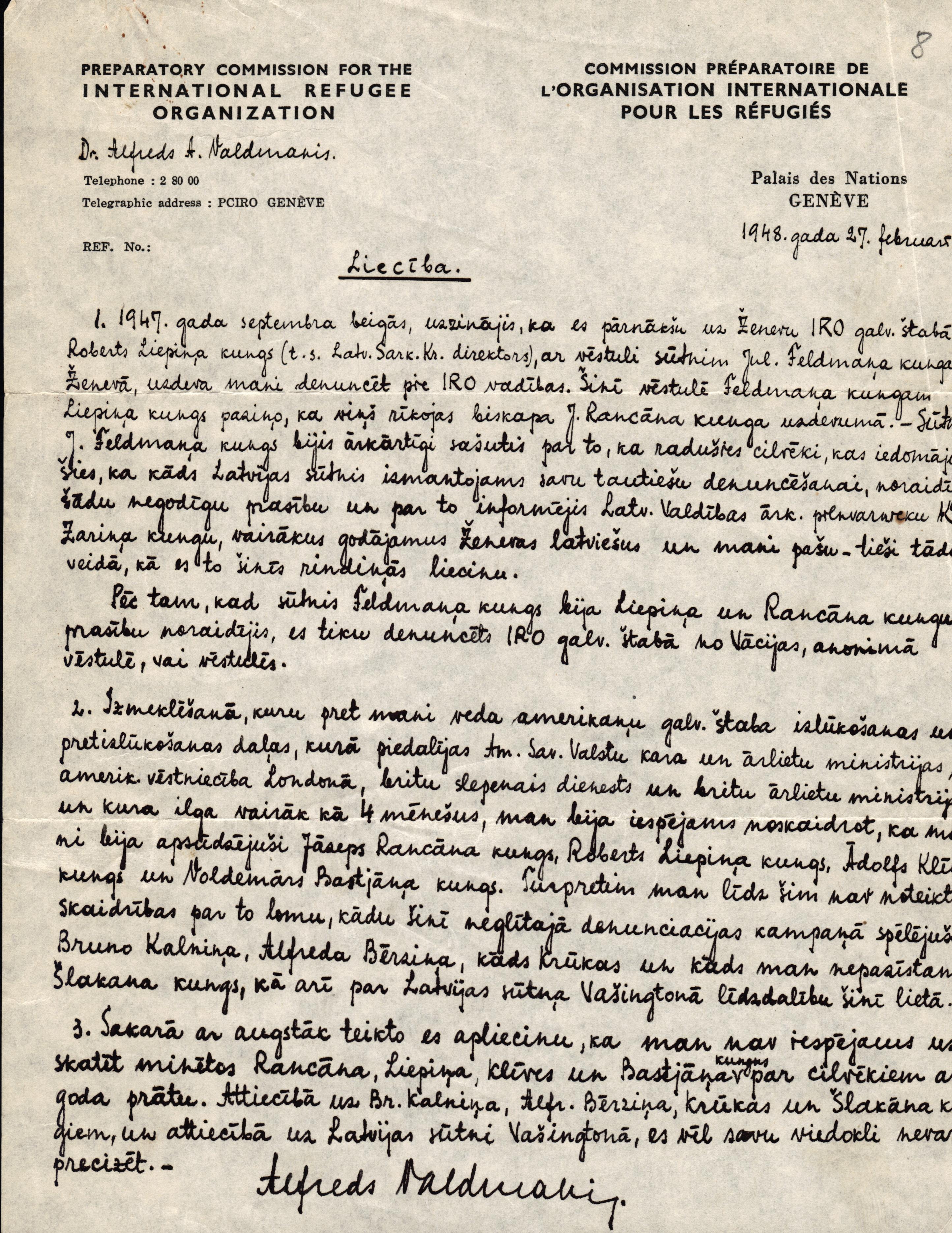 A.Valdmaņa liecība 1948.gada 27.februārī, atbilde pret J.Rancāna, R.Liepiņa u.c. apsūdzībām.