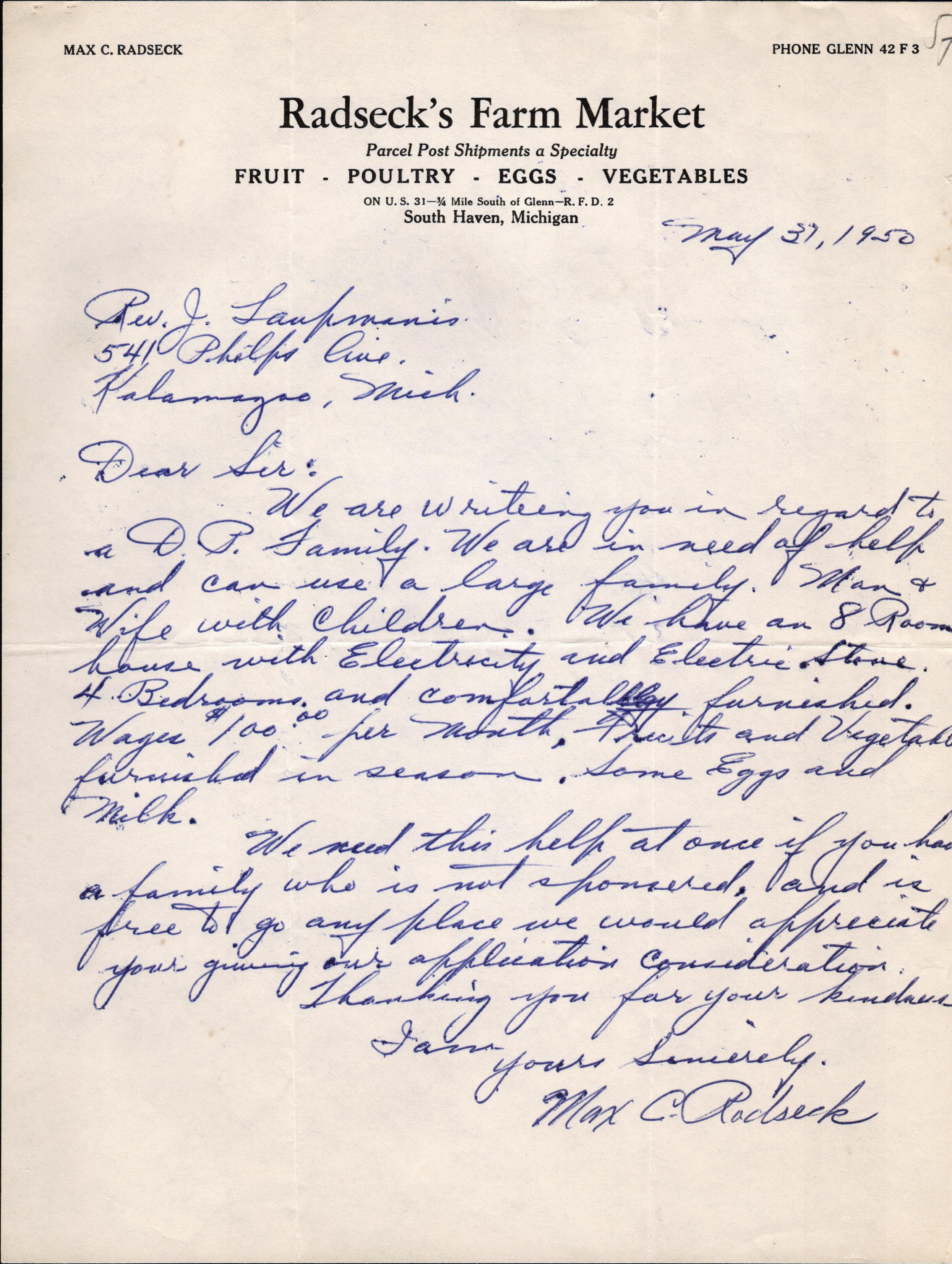 Jāņa Laupmaņa sarakste ar latviešu bēgļu iespējamiem darba devējiem un galvotājiem ASV. 1950. gada 31. maijs.