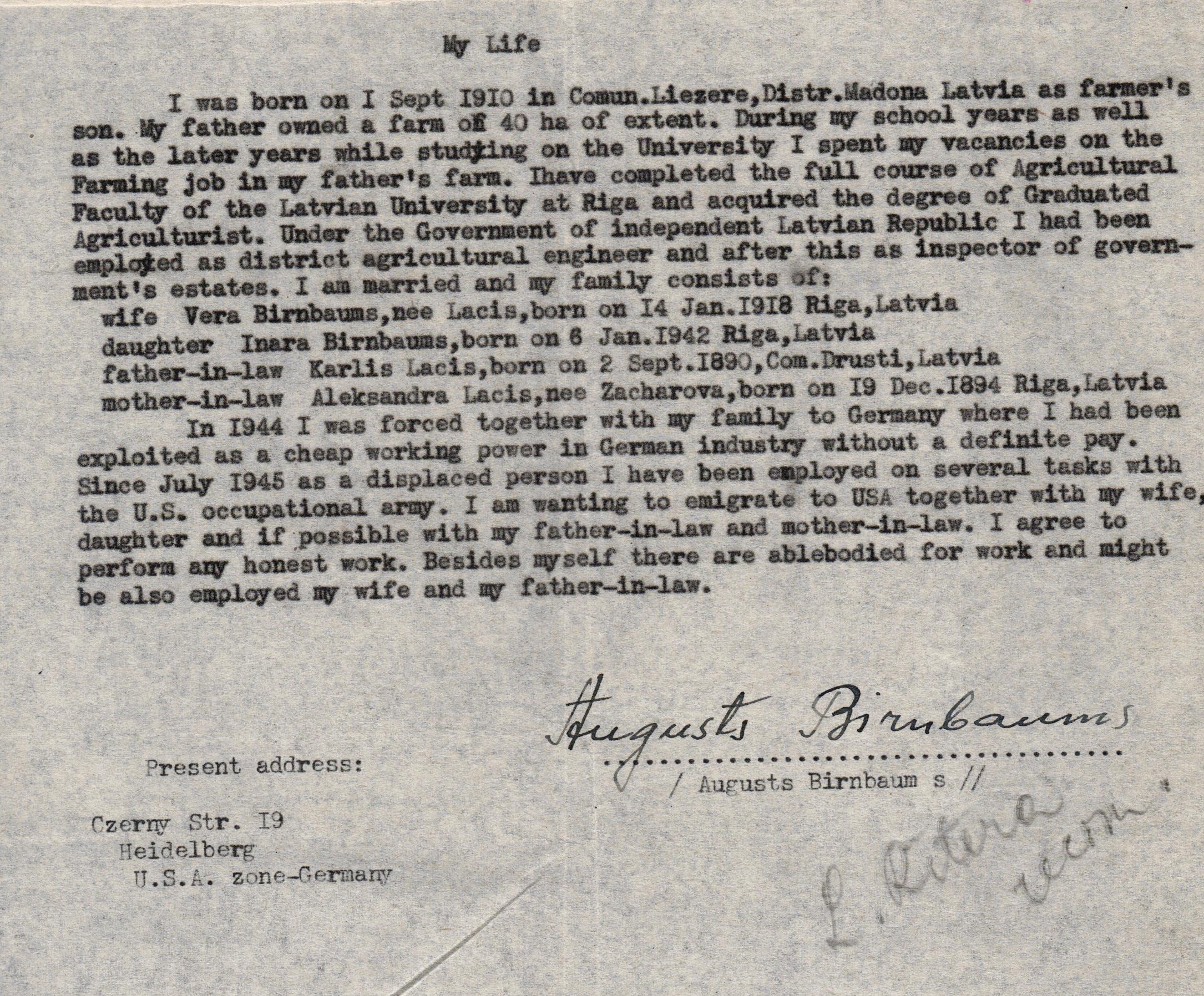 Augusta Birnbauma autobiogrāfija. 1949. gads.