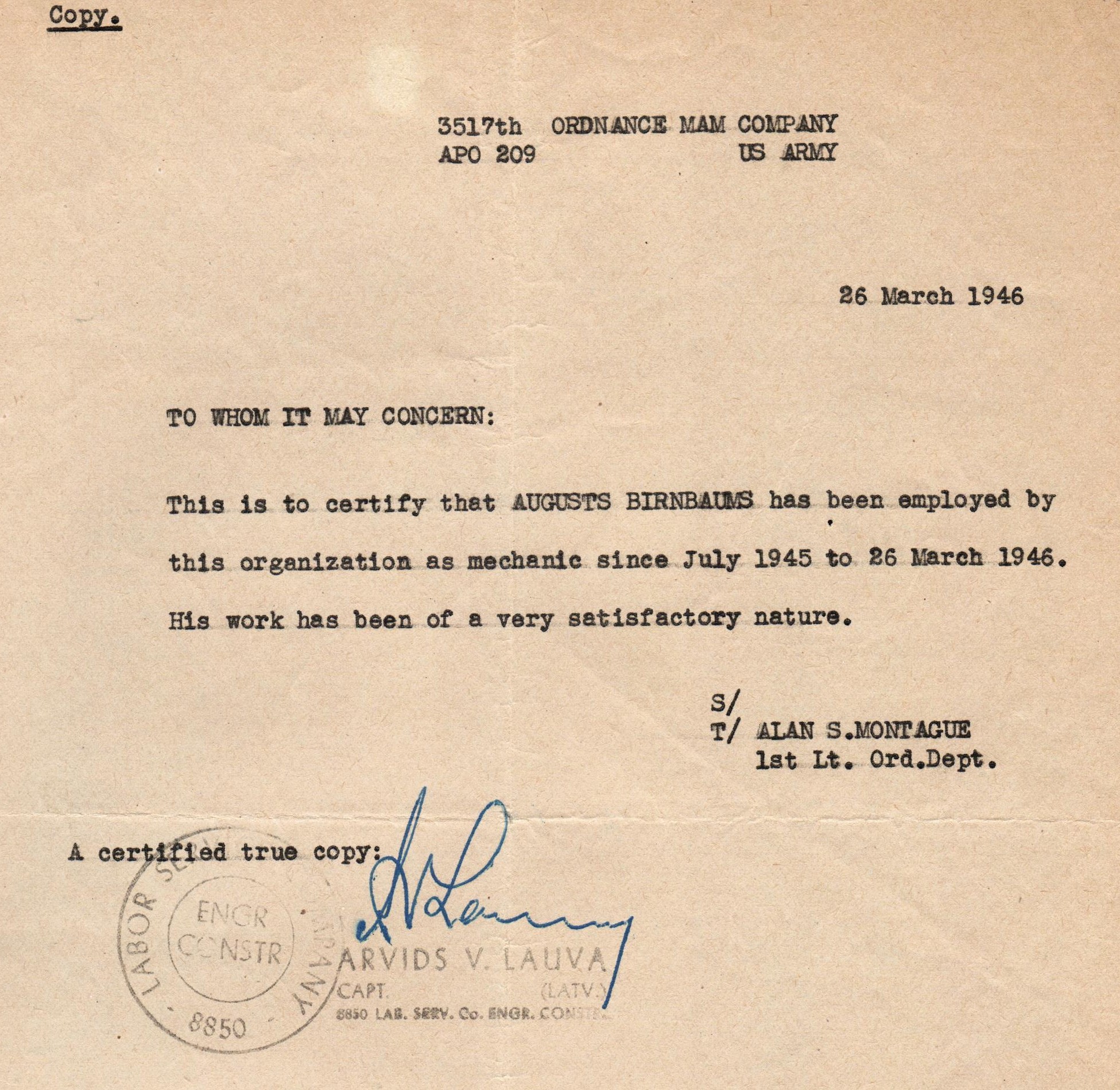 Apstiprinājums Augusta Birnbauma darba gaitām mehāniķa amatā no 1945. gada jūlija līdz 1946. gada martam.