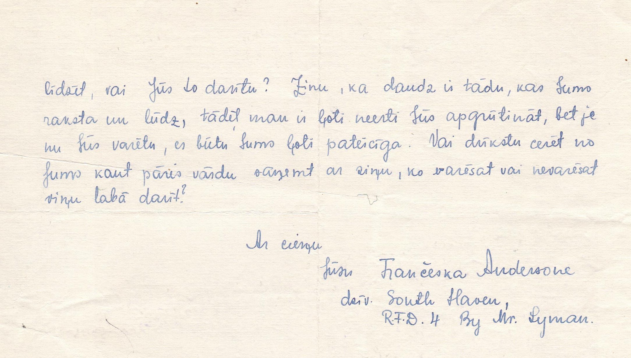Edgara Bērziņa māsas Frančeskas Andersones vēstule Jānim Laupmanim par Edgara Bērziņa izceļošanu uz ASV. 1949. gada 25. augusts.