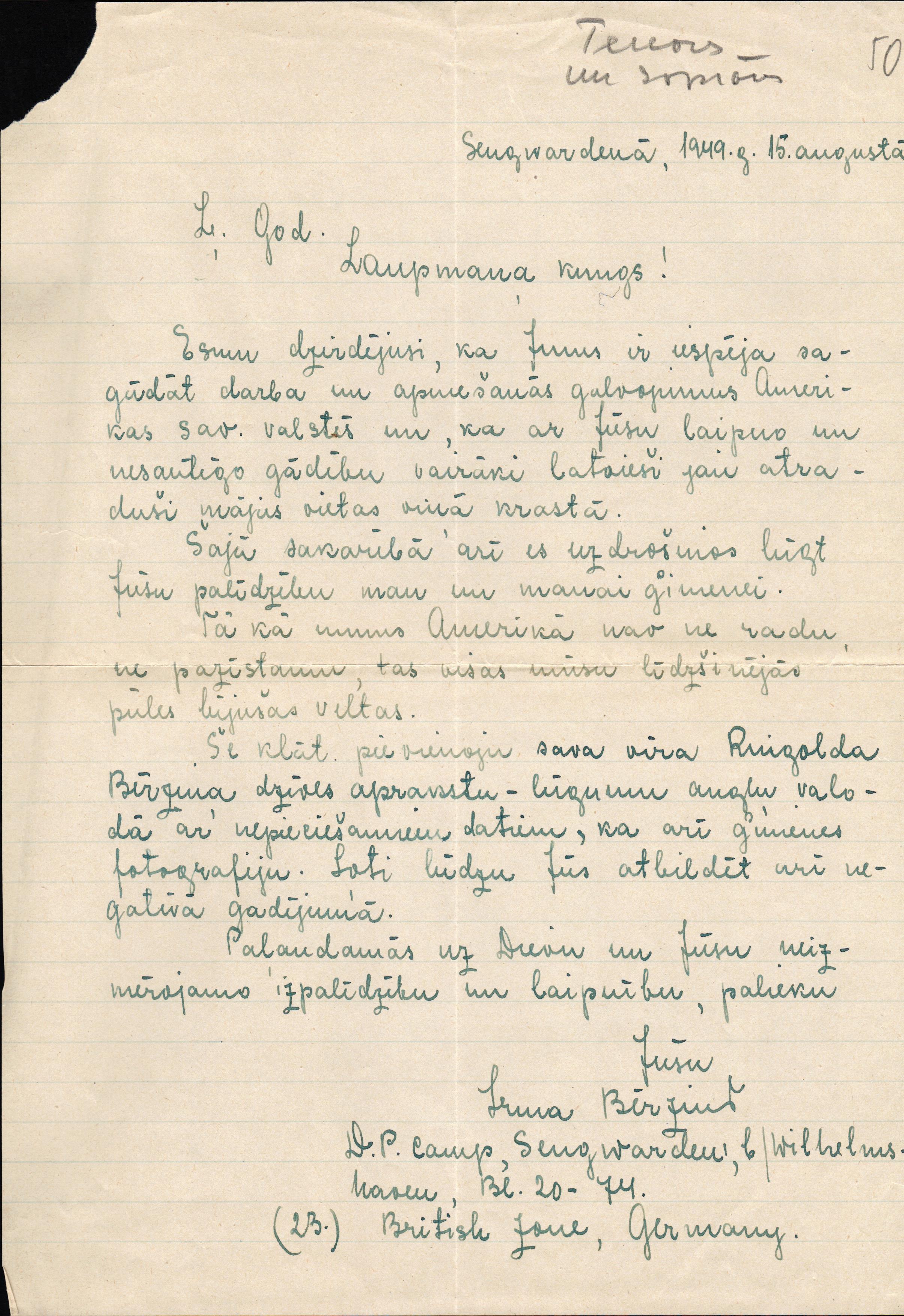 Irmas Bērziņas vēstule Jānim Laupmanim par Bērziņu ģimenes izceļošanu uz ASV. 1949. gada 15. augusts.