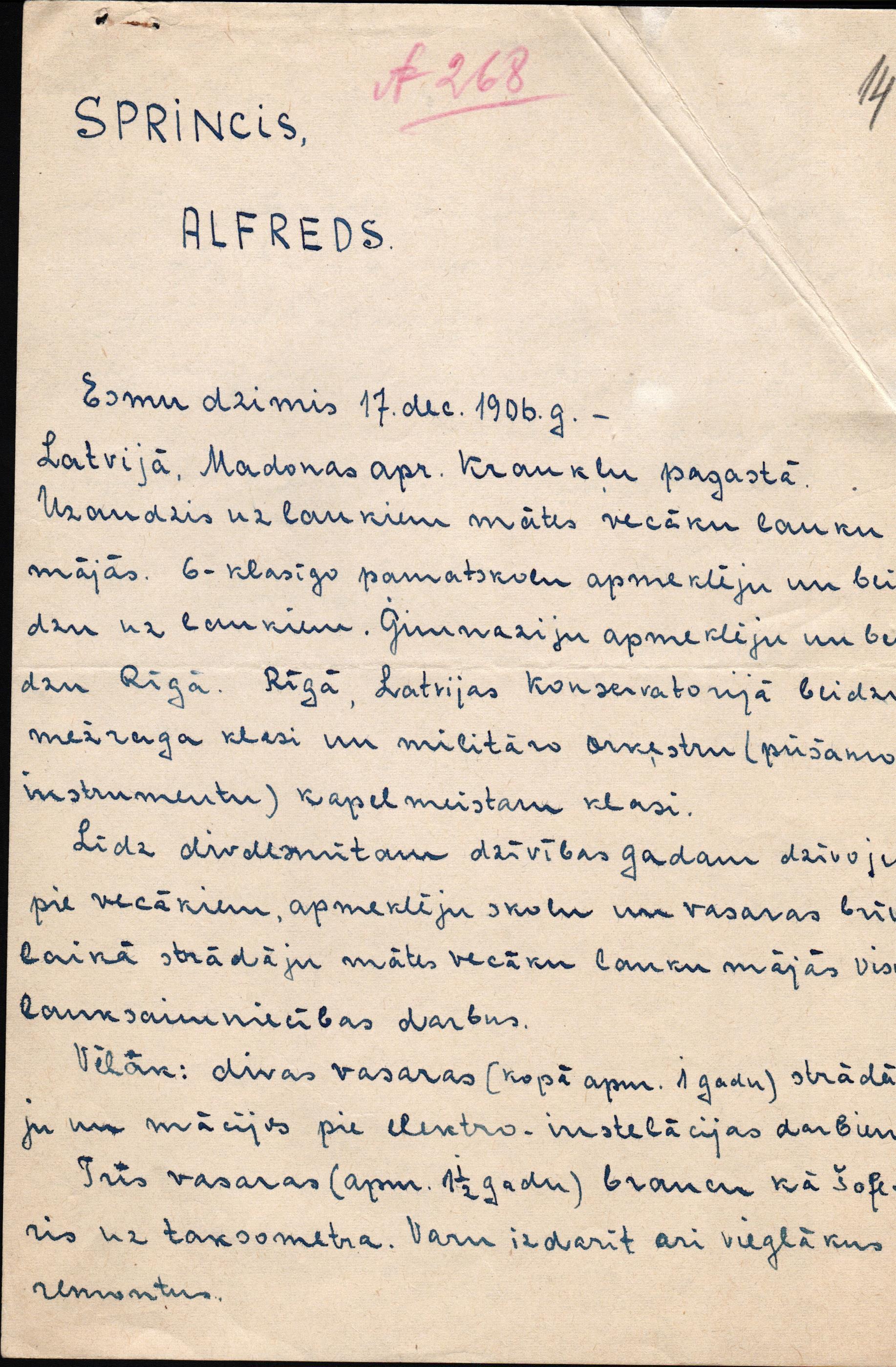 Alfrēda Sprinča autobiogrāfija. 1949. gada 30. janvāris.