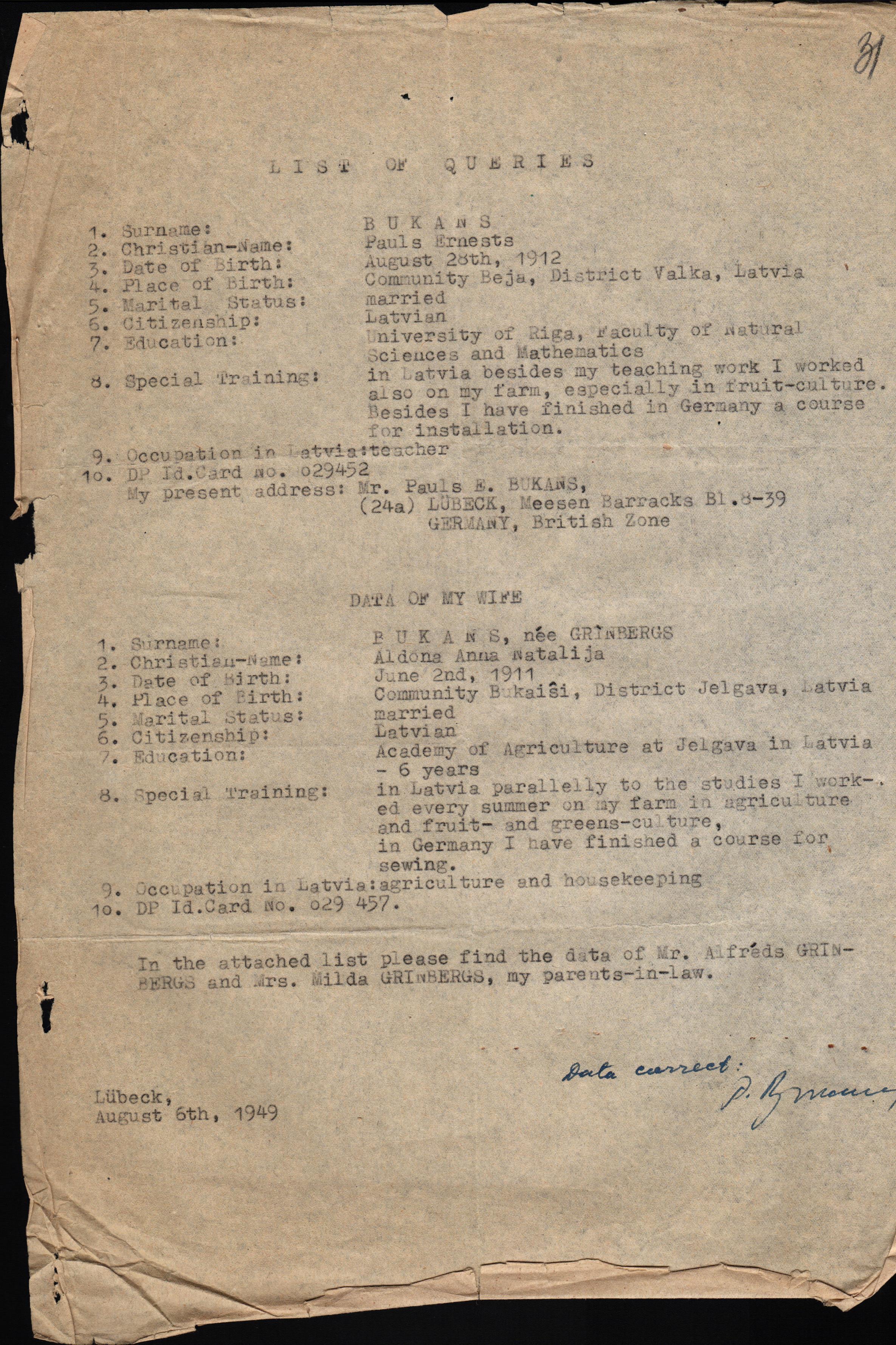 Paula un Aldonas Bukānu biogrāfijas. 1949. gada 6. augusts.
