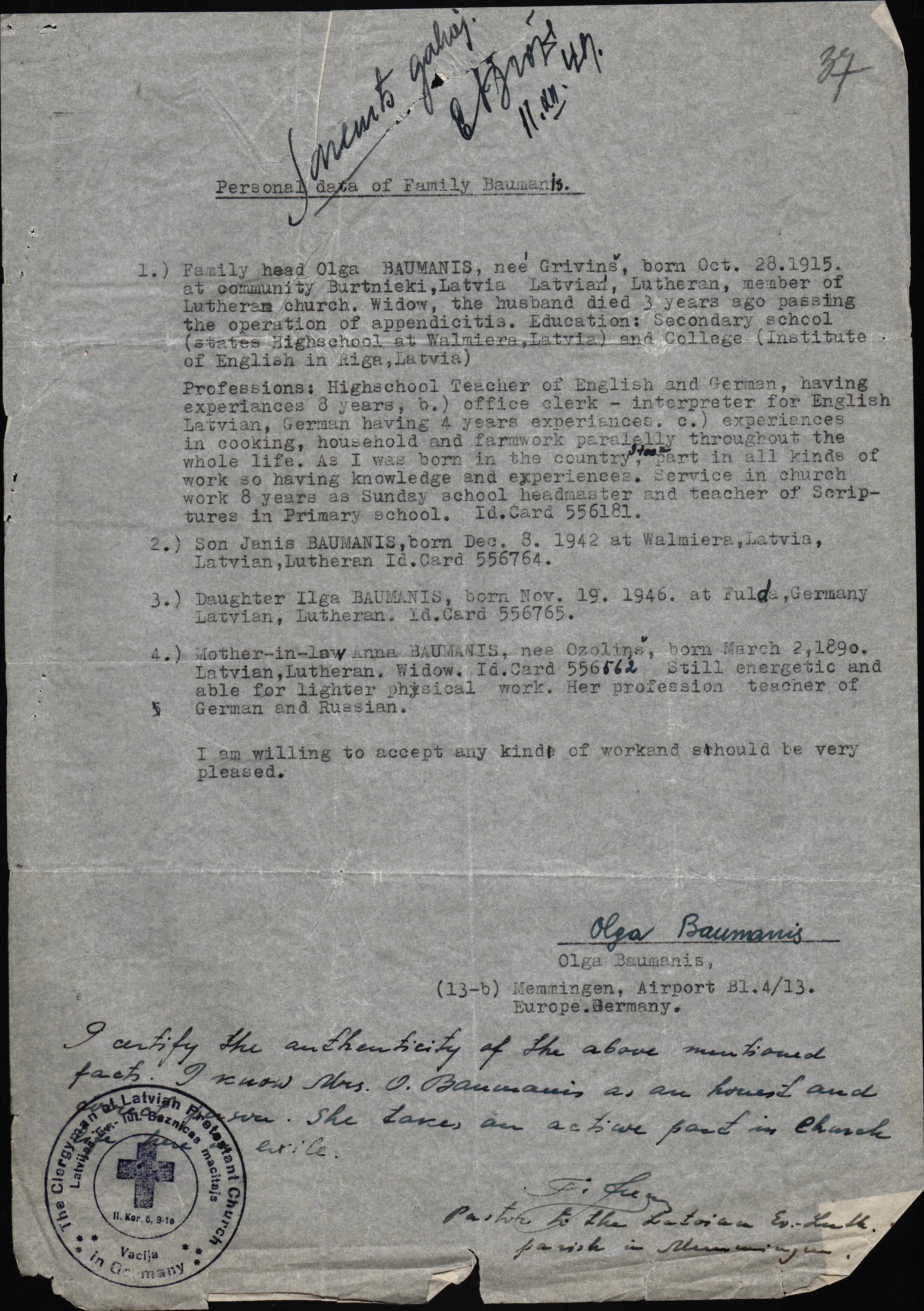 Baumaņu ģimenes biogrāfiskie dati, nosūtīti galvotājiem. 1949. gada 11. decembris.