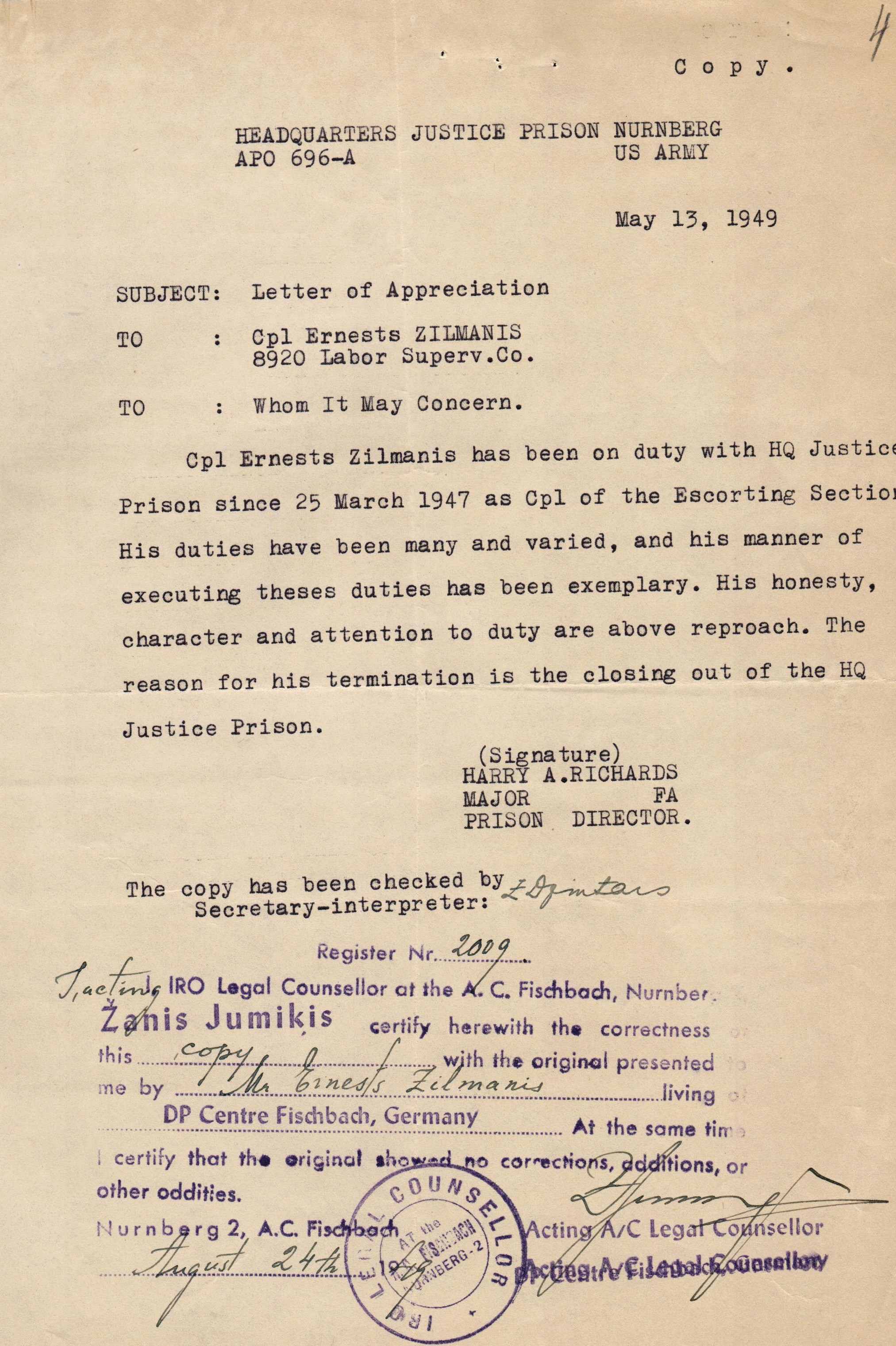 Izraksts no Ernesta Zīlmaņa darba gaitu apliecinājuma. 1949. gada 24. augusts.