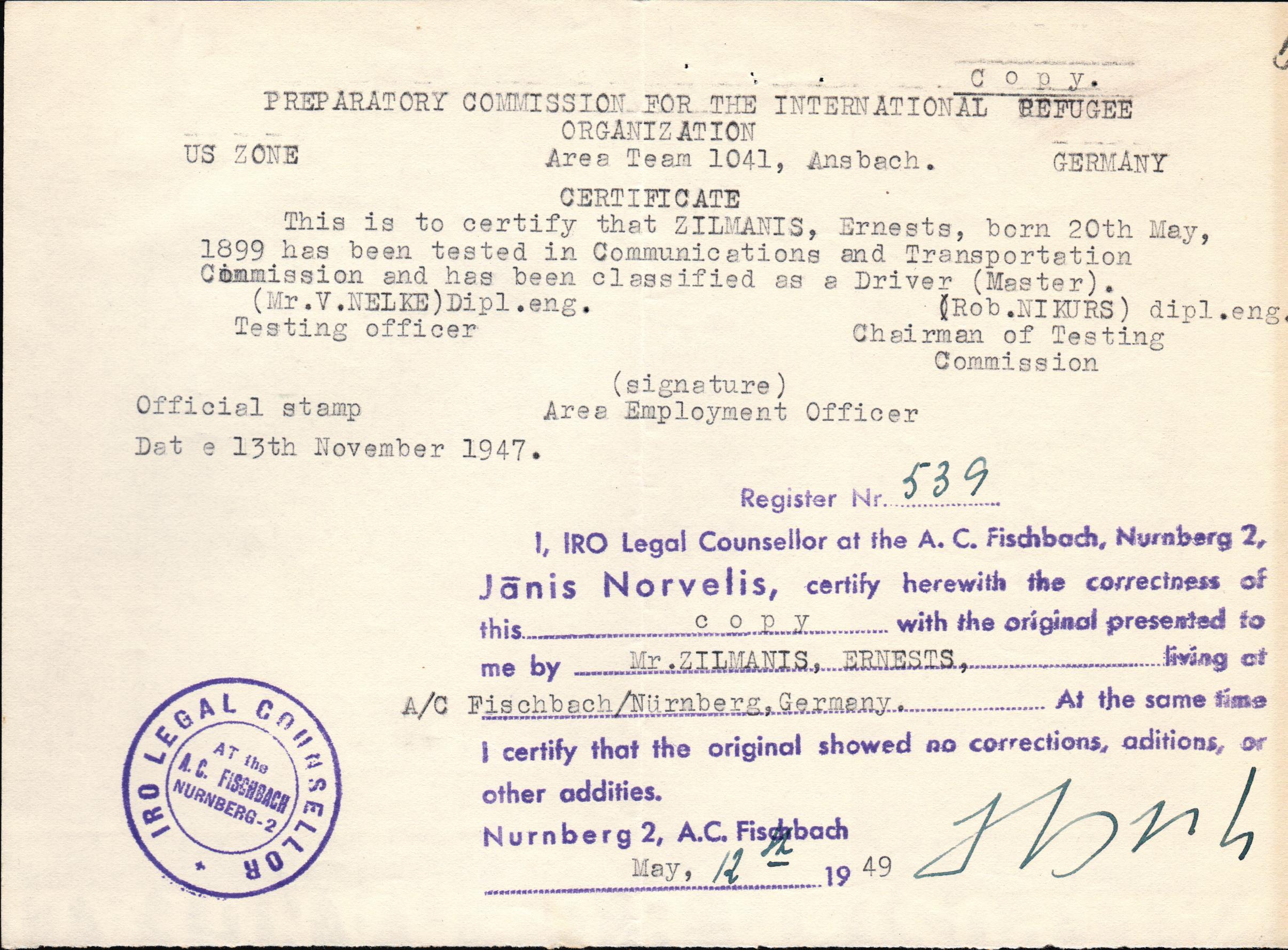 Apstiprinājums par Ernesta Zīlmaņa šofera kvalifikāciju. 1949. gada 12. maijs.