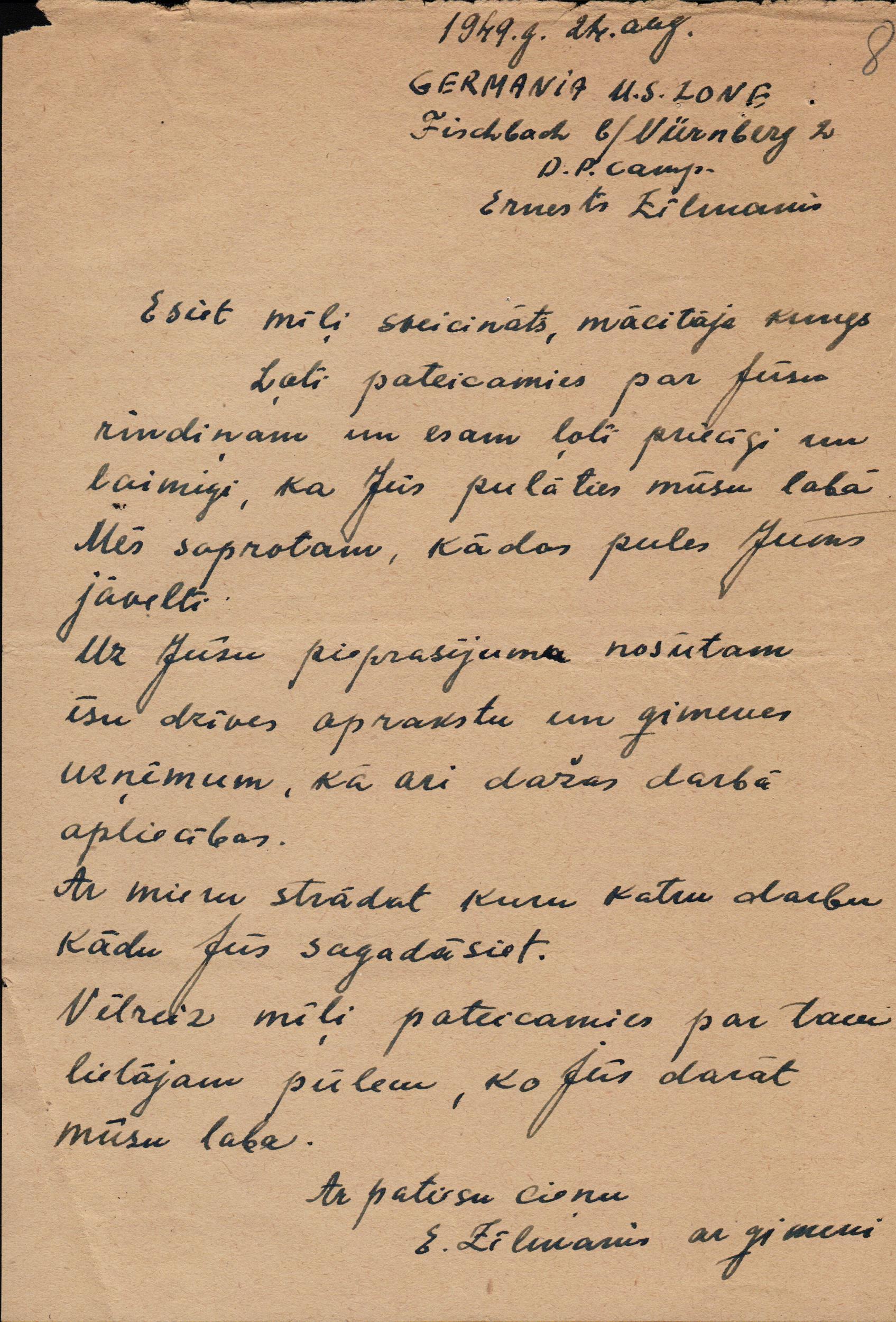 Ernesta Zīlmaņa pateicības vēstule Jānim Laupmanim. 1949. gada 24. augusts.