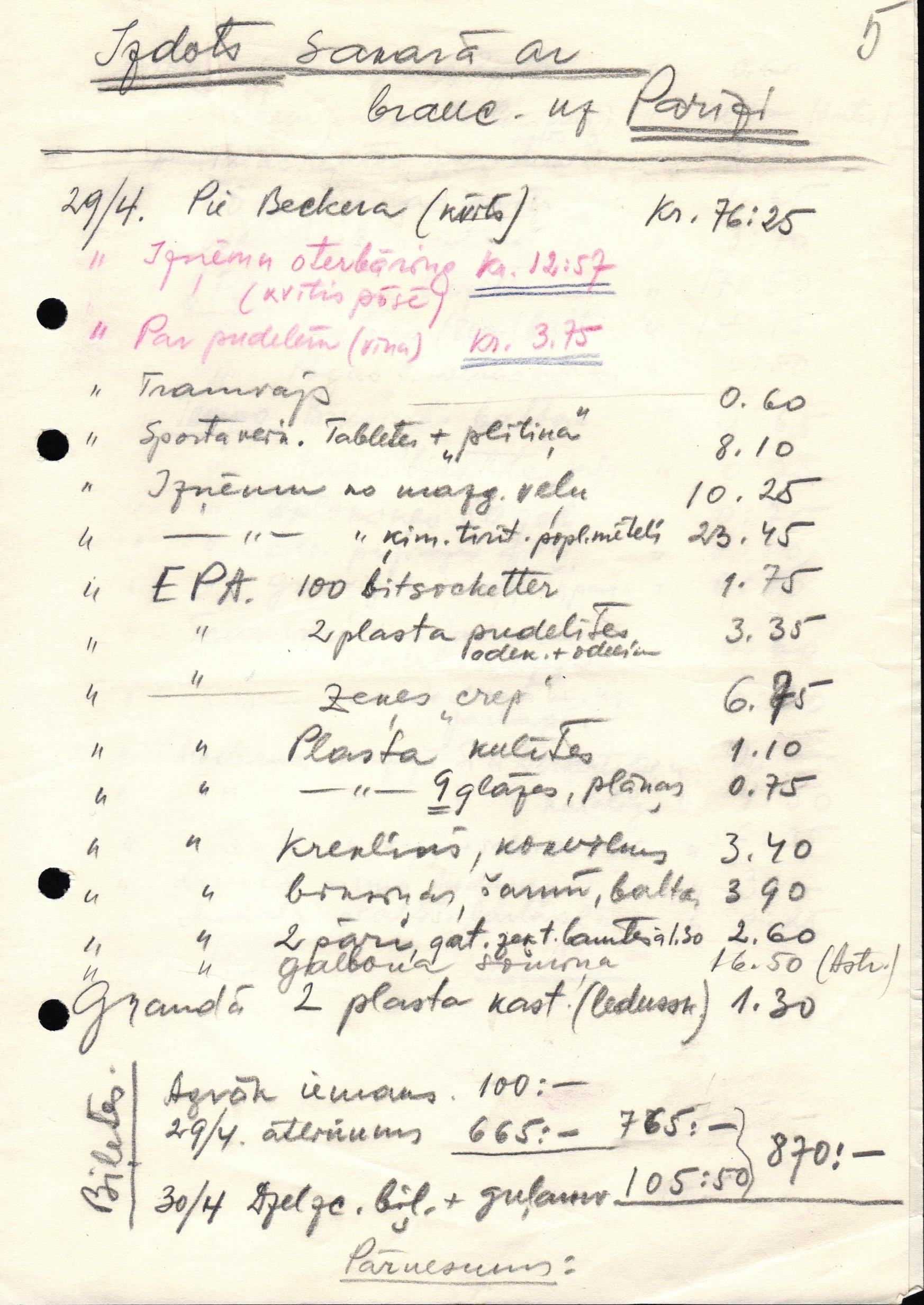 S. Samsones mācību brauciena uz Parīzi izdevumu saraksts. 1960. gada aprīlis.