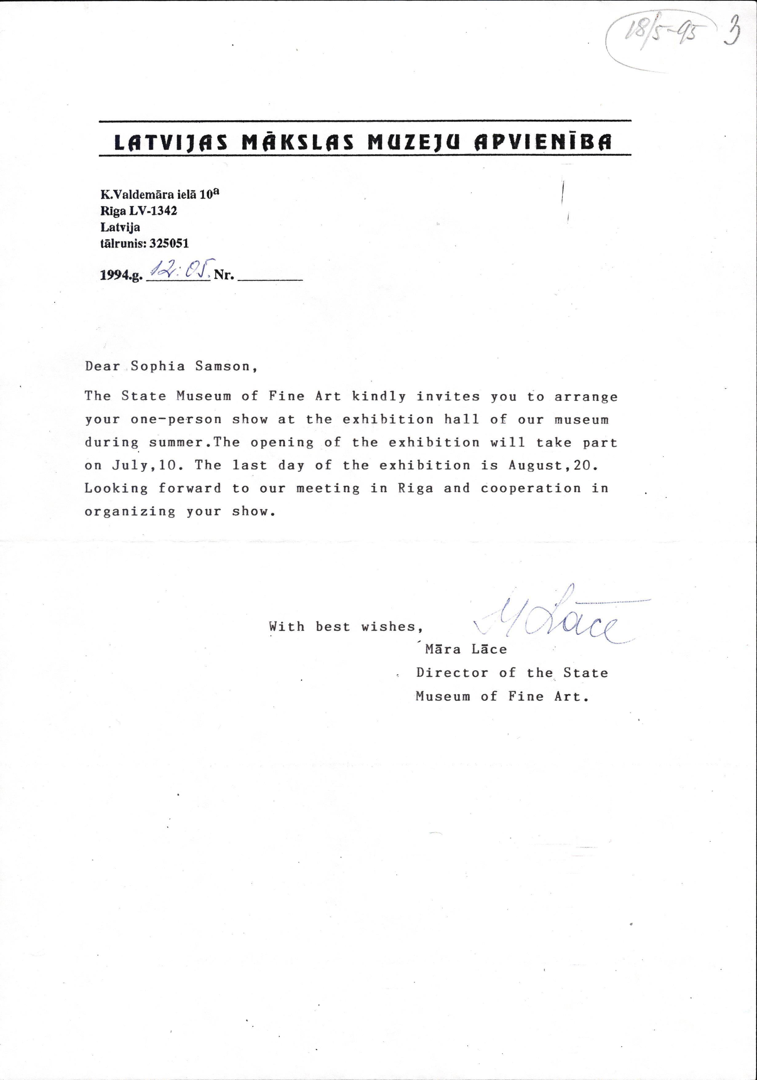 Valsts Mākslas muzeja direktores Māras Lāces vēstule S. Samsonei saistībā ar viņas personālizstādes rīkošanu. 1994. gada 12. maijs.