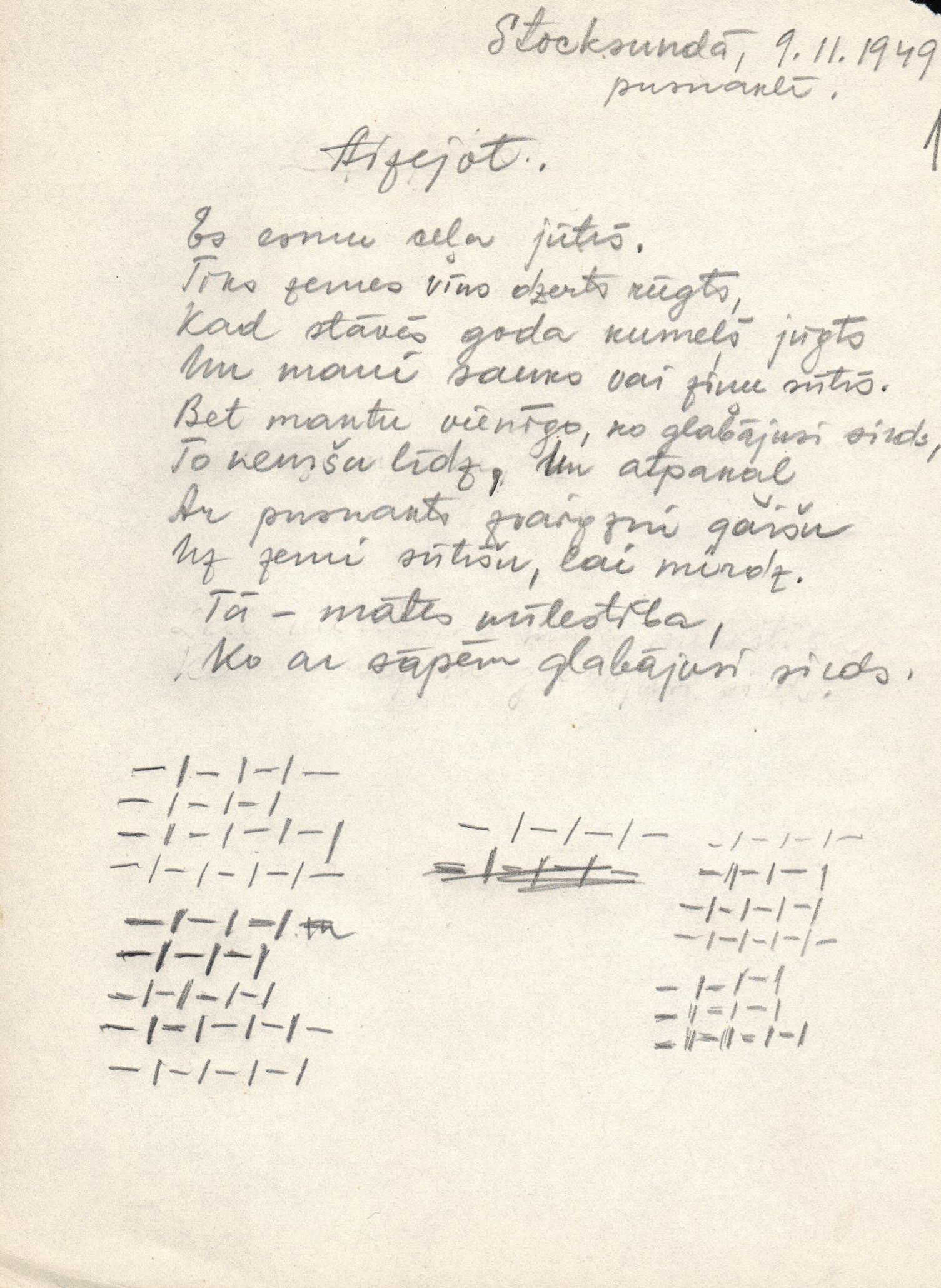S. Samsones dzejolis "Aizejot", Stoksunda, Zviedrija. 1949. gada 9. novembris.
