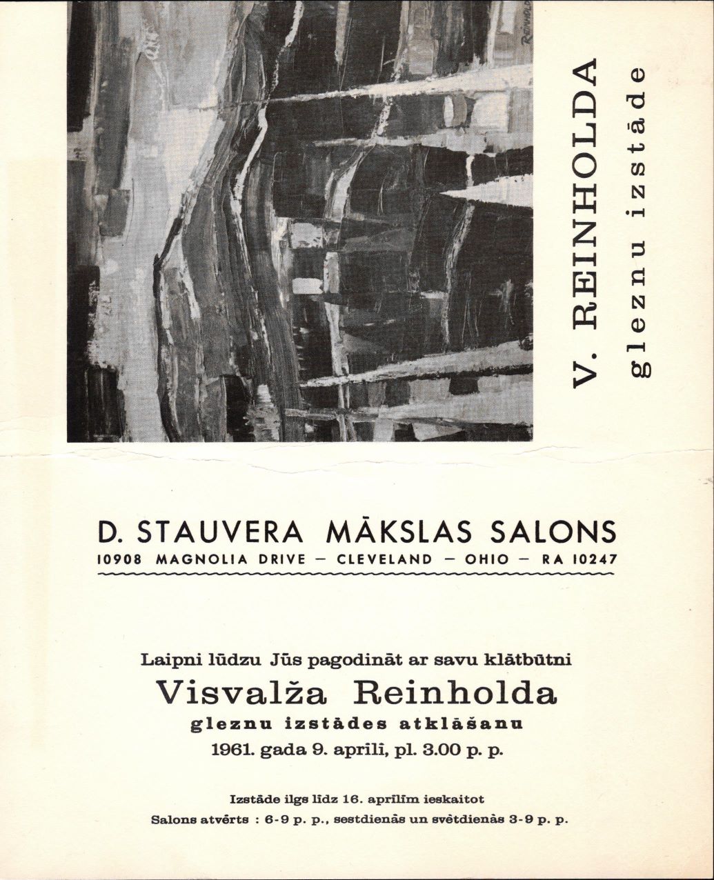 Ielūgums uz Visvalža Reinholda gleznu izstādes atklāšanu D. L. Stauvera mākslas salonā Klīvlendā (ASV). 1961. gads.