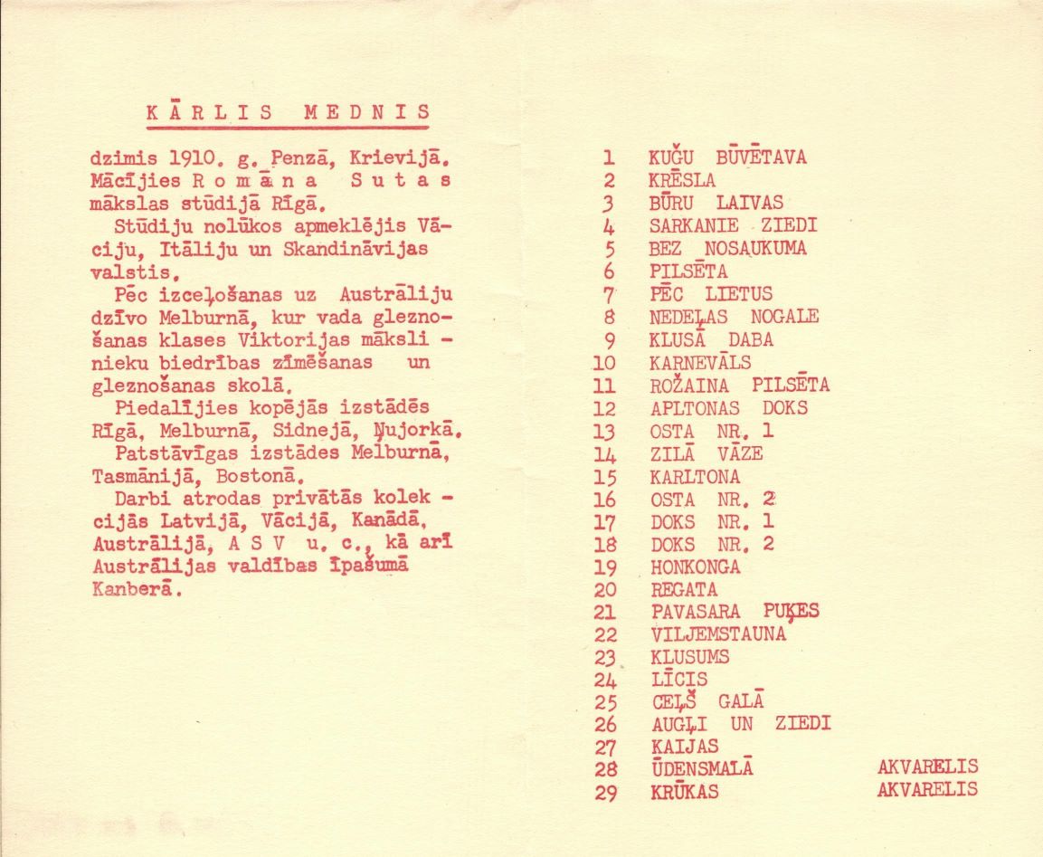Kārļa Medņa gleznu izstādes D. L. Stauvera mākslas salonā Klīvlendā (ASV) katalogs. 1963. gads.