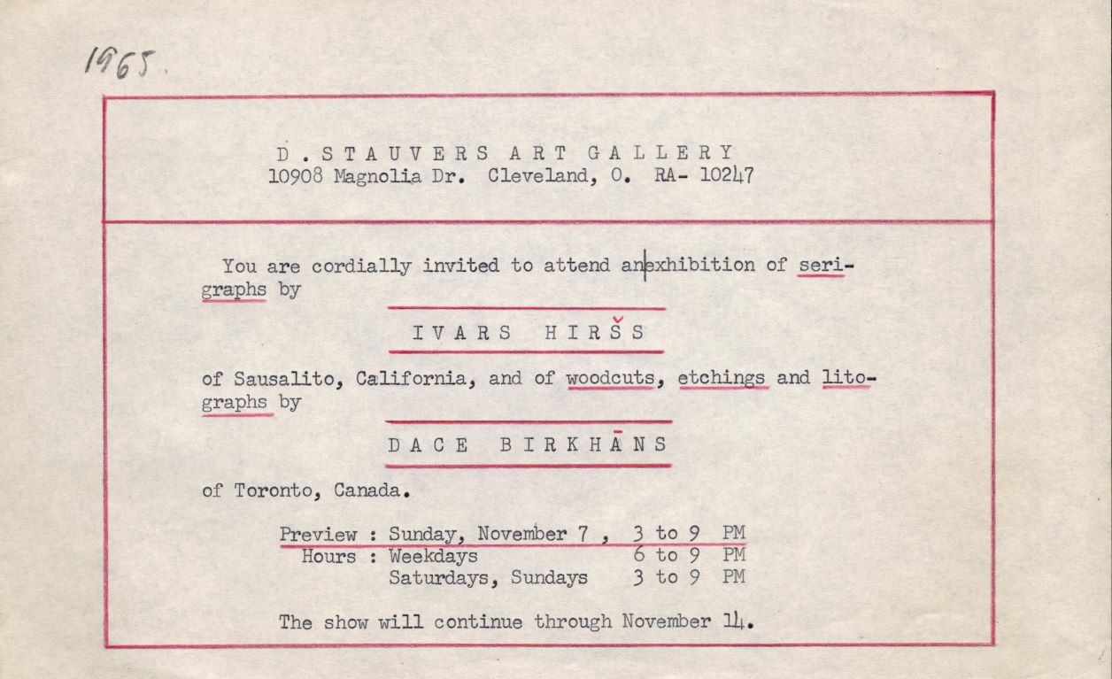 Ielūguma uz Ivara Hirša un Daces Birkhānes izstādes atklāšanu D. L. Stauvera mākslas salonā Klīvlendā (ASV) makets. 1965. gads.