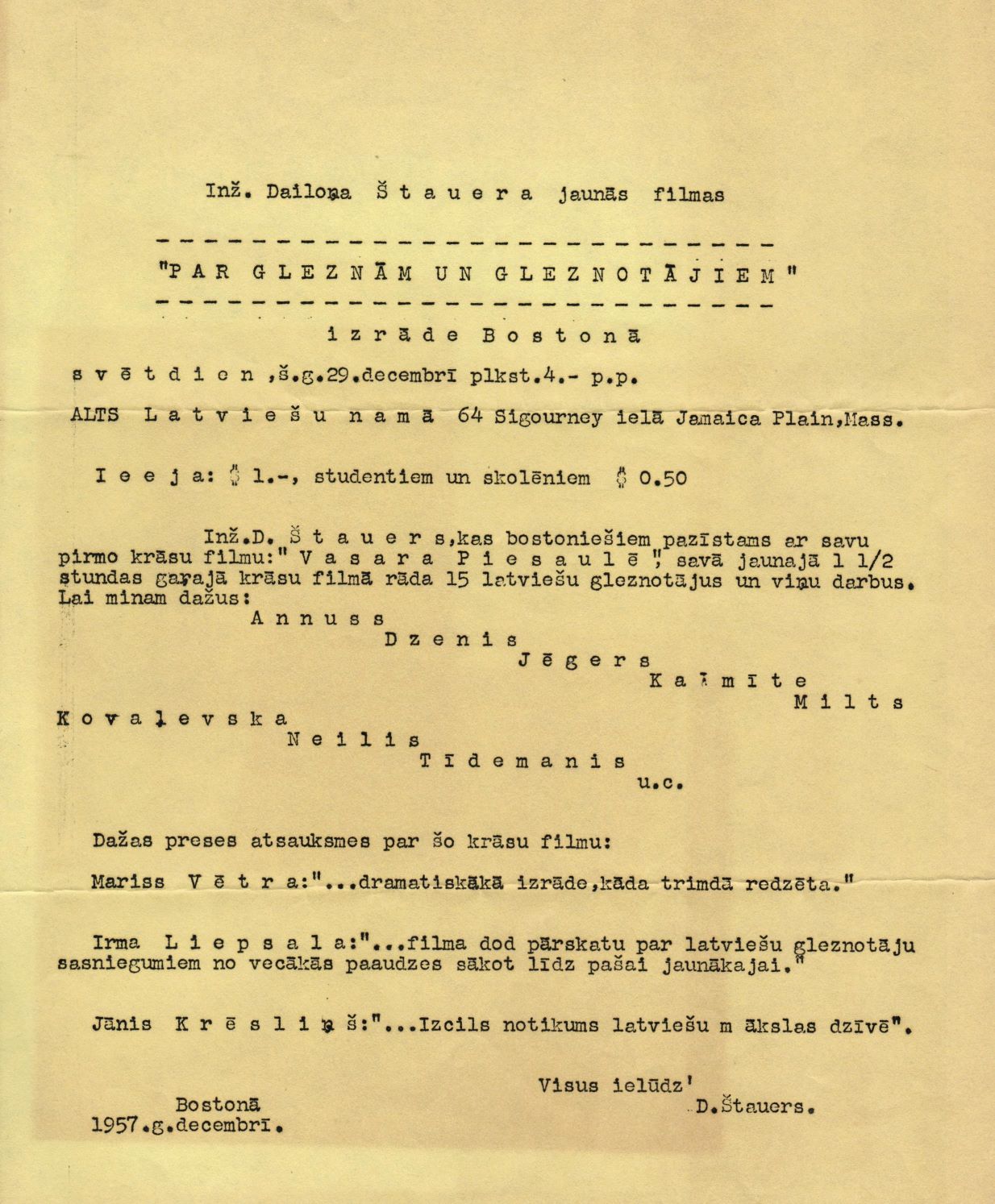 Informatīvs ziņojums par D. L. Stauvera veidotās filmas "Par gleznām un gleznotājiem" rādīšanu Bostonā (ASV). 1957. gads.