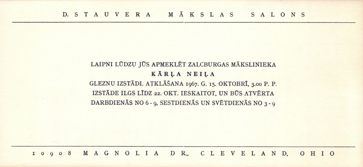 Ielūgums uz Kārļa Neiļa gleznu izstādes atklāšanu D. L. Stauvera mākslas salonā Klīvlendā (ASV). 1967. gads.