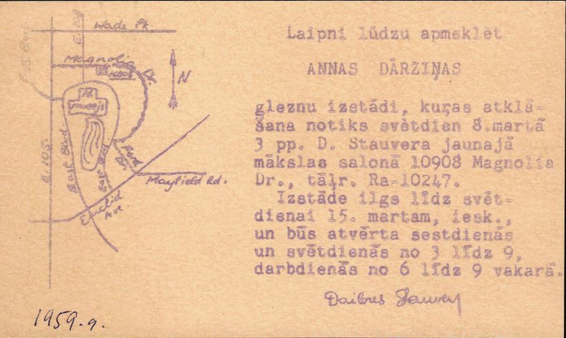 Ielūgums uz Annas Dārziņas gleznu izstādes atklāšanu D. L. Stauvera mākslas salonā Klīvlendā (ASV). 1959. gads.