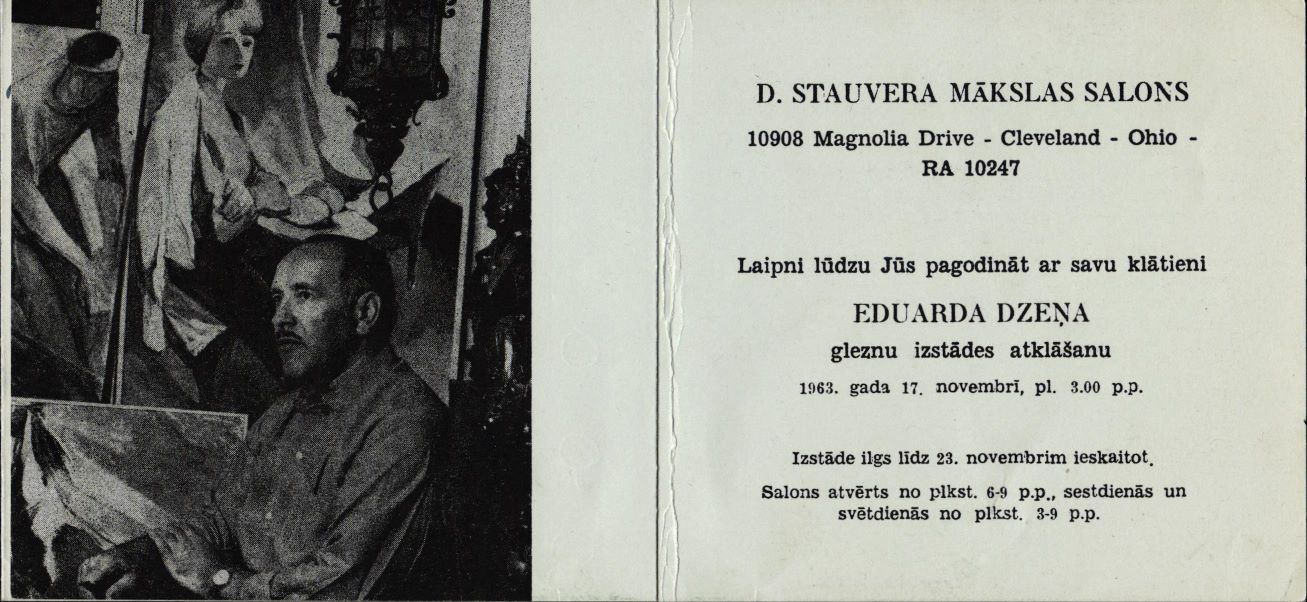 Ielūgums uz Eduarda Dzeņa gleznu izstādes atklāšanu D. L. Stauvera mākslas salonā Klīvlendā (ASV). 1963. gads.