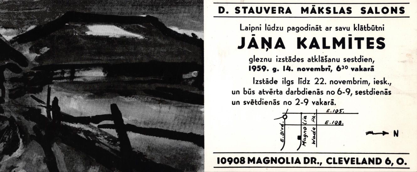 Ielūgums uz Jāņa Kalmītes gleznu izstādes atklāšanu D. L. Stauvera mākslas salonā Klīvlendā (ASV). 1959. gads.