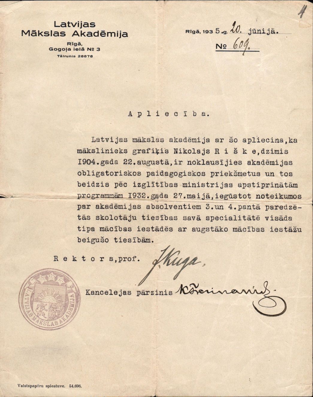 N. Riškem izsniegtā apliecība par Latvijas Mākslas akadēmijas beigšanu 1932. gadā. 1935. gada 20. jūnijs.