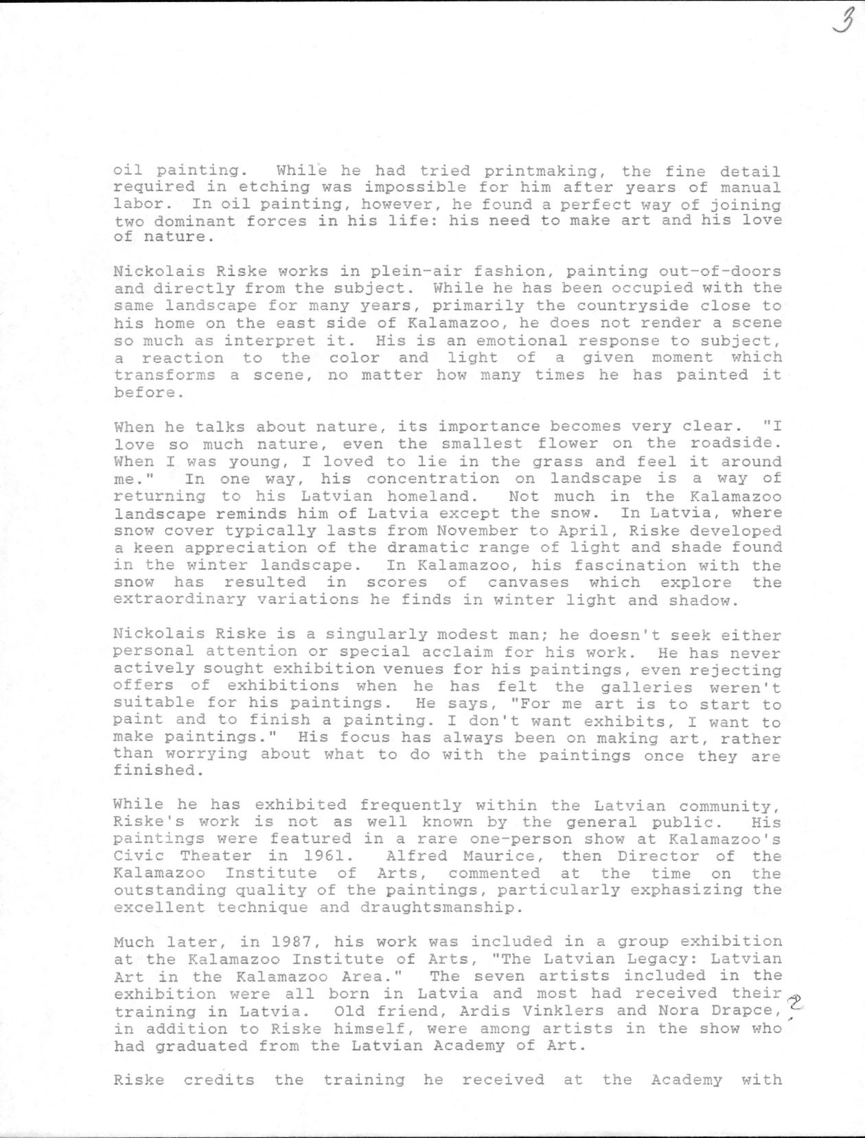 Kalamazū (ASV) Mākslas institūta Mākslas centra kuratores Helēnas Šeridanas (Helen Sheridan) runa N. Riškes personālizstādes atklāšanā Kalamazū (ASV) Mākslas institūtā. 1990. gads.