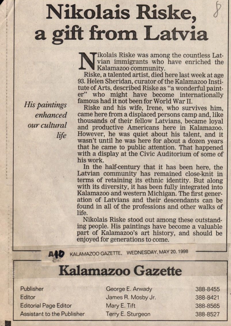 Raksta par N. Riški izgriezums no periodiskā izdevuma "Kalamazoo Gazette". 1998. gada 20. maijs.