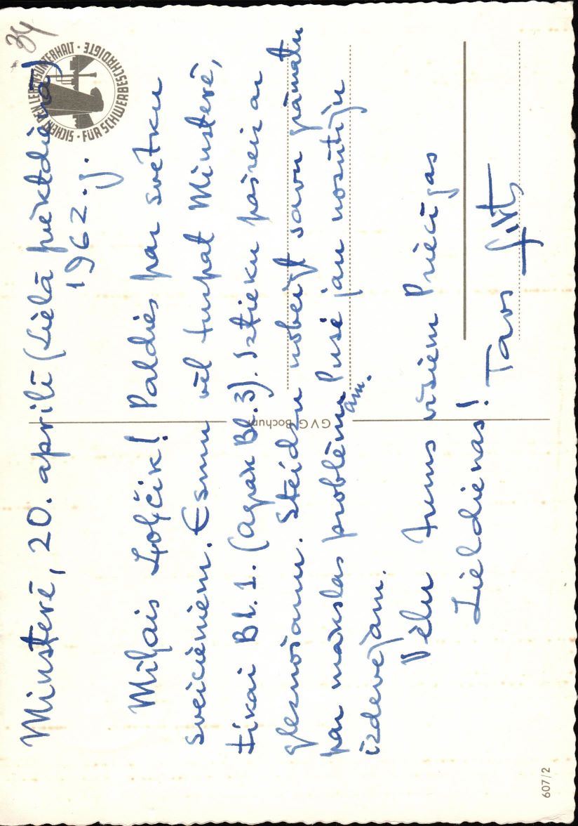 Ģ. Ārvalda sūtītā kartīte māsai Olgai Cābelei. 1962. gads.