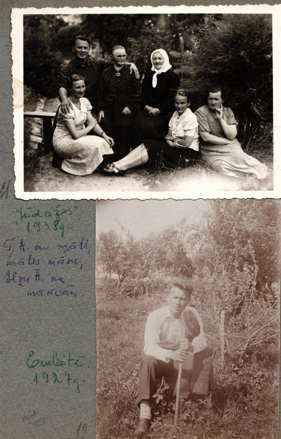 Ģ. Ārvaldis Embūtē 1927. gadā un Ģ. Ārvaldis kopā ar māti, mātes māsu, sievu Elzu Ārvaldi un māsīcām 1938. gadā.