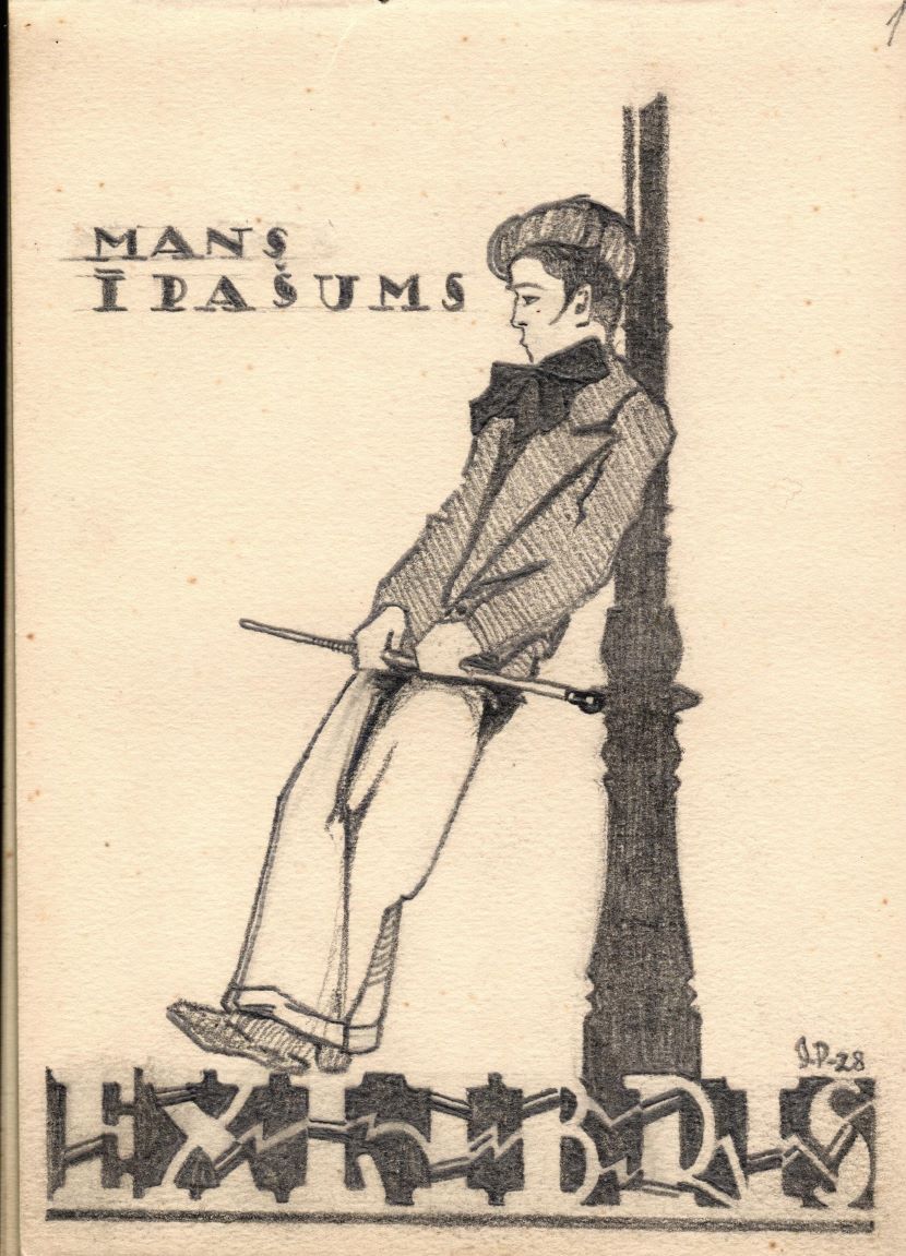 Ģ. Ārvalda zīmēts ekslibris viņa skiču grāmatiņā. 1928. gads. Labajā apakšējā stūrī redzams mākslinieka paraksts J. P. pirms vārda nomaiņas.