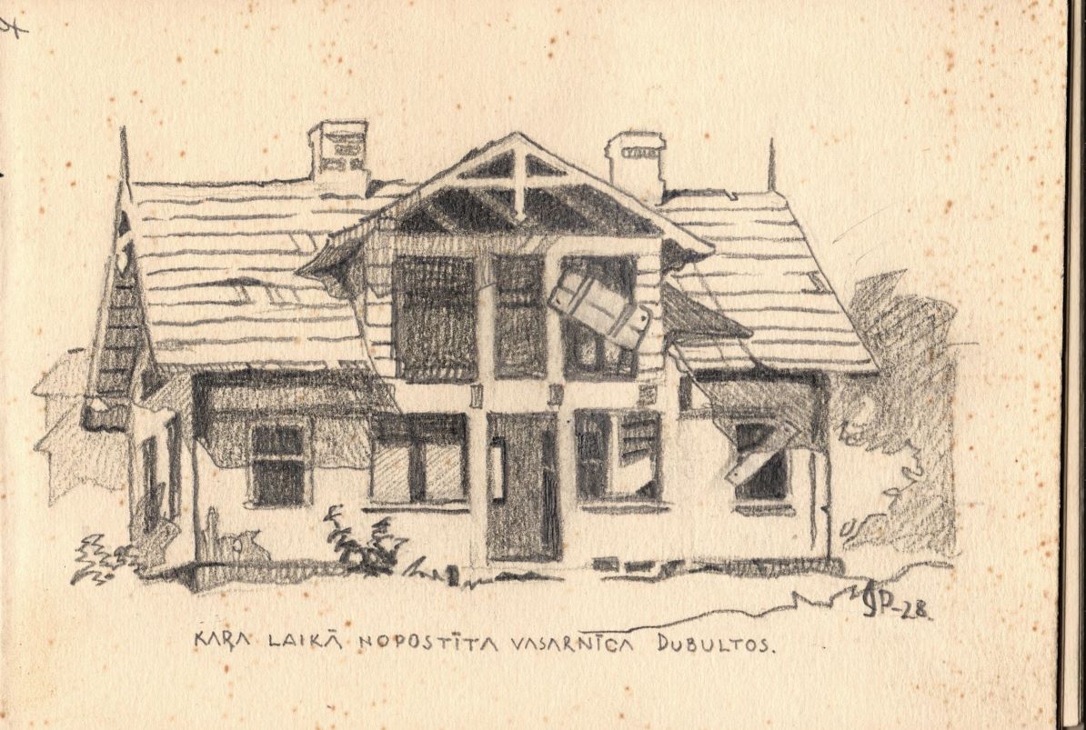Ģ. Ārvalda darināta kara laikā nopostītas vasarnīcas Dubultos skice no mākslinieka skiču grāmatiņas. 1928. gads. Labajā apakšējā stūrī redzams mākslinieka paraksts J. P. pirms vārda nomaiņas.