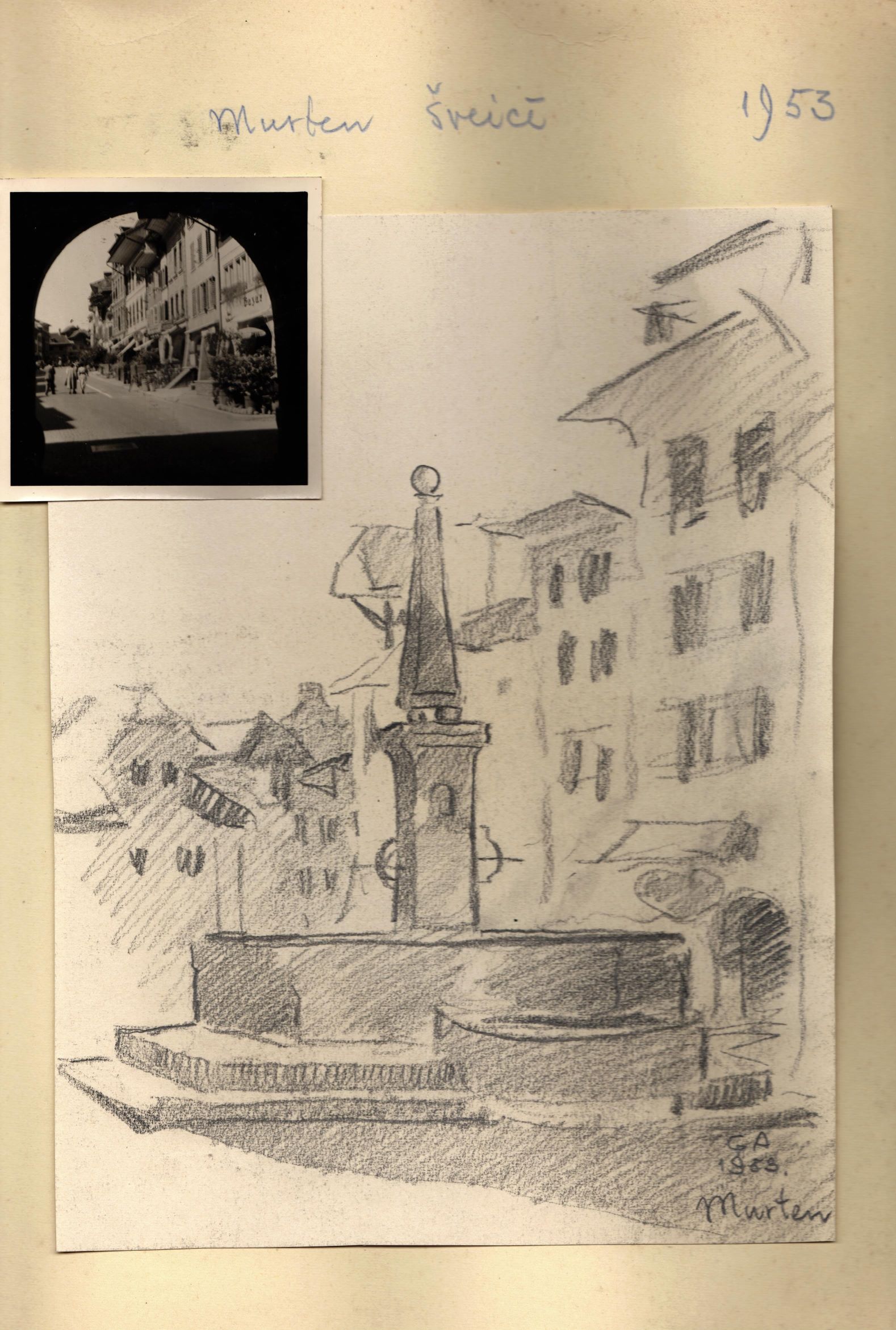 Albuma lapa ar Ģ. Ārvalda skici un fotogrāfiju no viņa ceļojuma uz Šveici. 1953. gads.