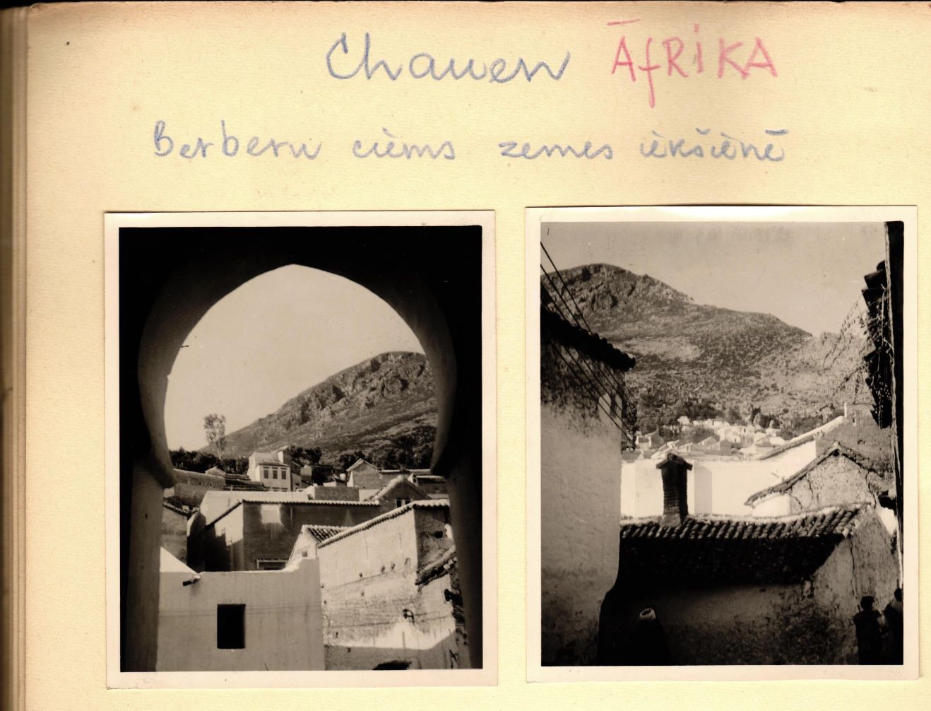 Albuma lapas fragments ar fotogrāfijām no Ģ. Ārvalda ceļojuma uz Maroku. 1953. gads.