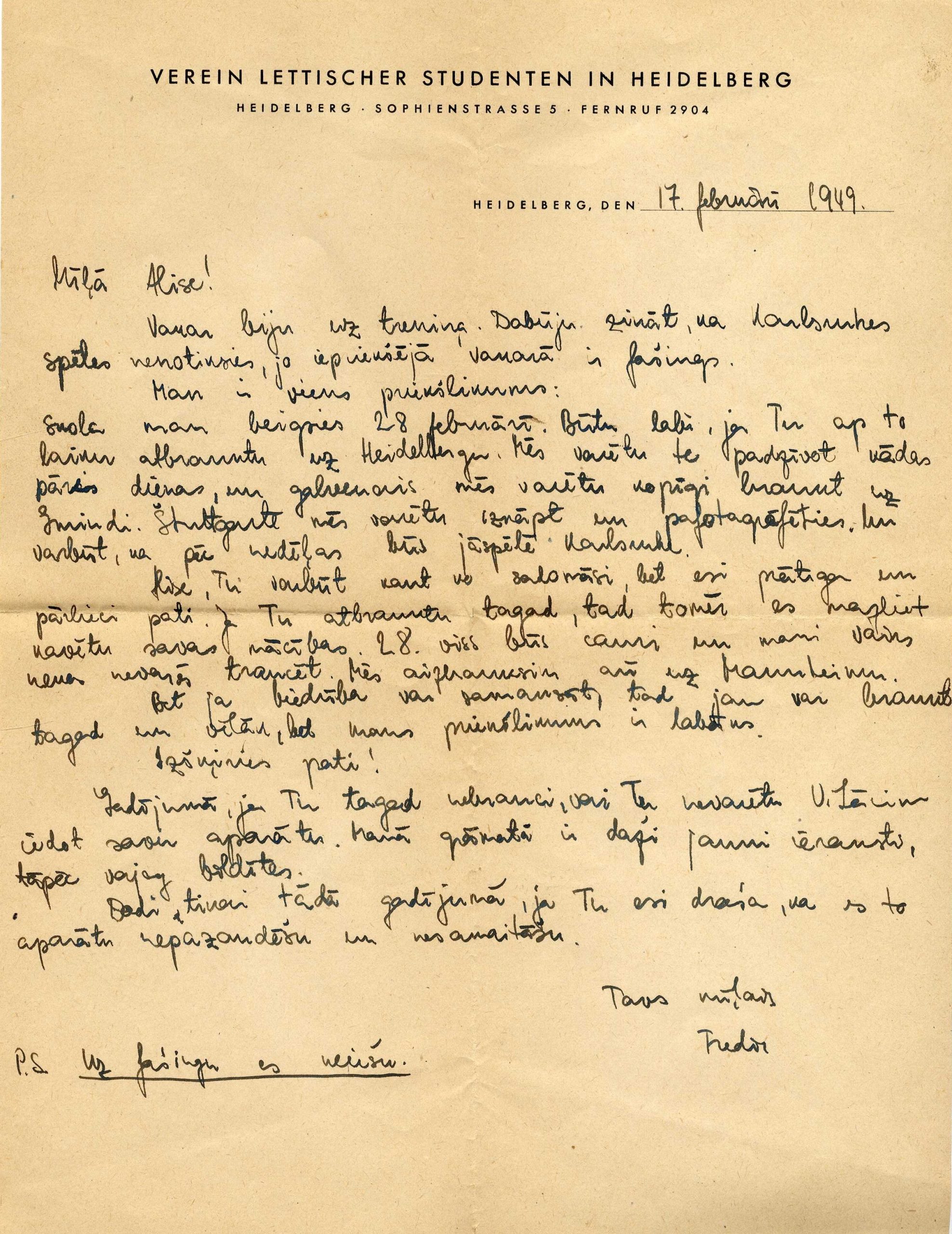 Manfrēda Zīverta vēstule Alisei Gailītei ar aicinājumu braukt uz Heidelbergu. 1949. gada 17. februāris.