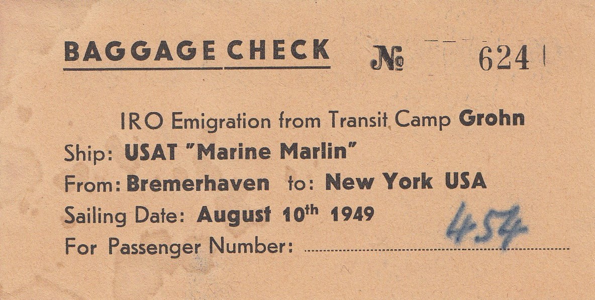 Manfrēda Zīverta bagāžas biļete kuģī "Bremerhaven-New York, USA". 1949. gads.