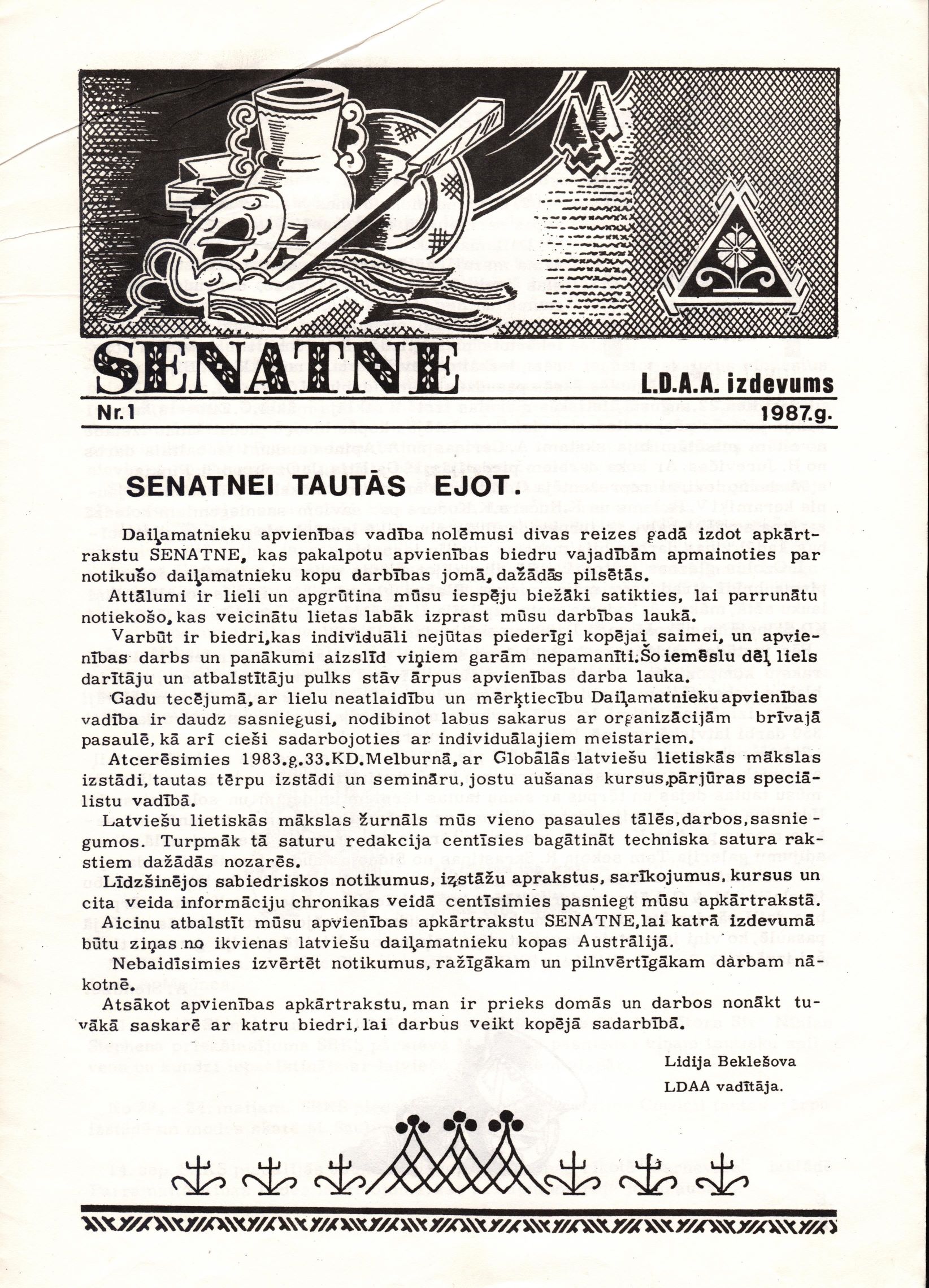Latviešu daiļamatnieku apvienības Austrālijā izdotais apkārtraksts "Senatne", Nr. 1. 1987. gads.