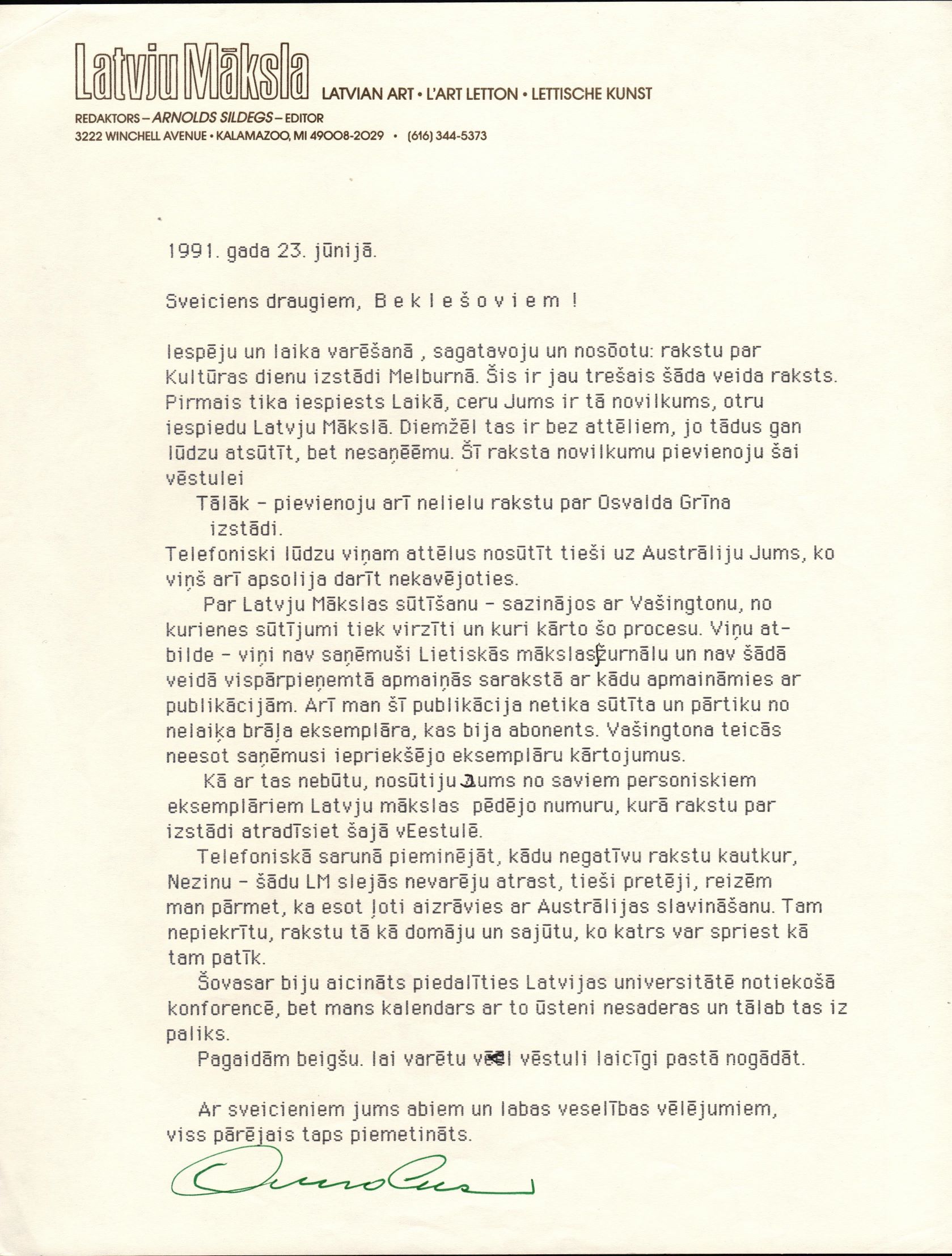 Arnolda Sildega vēstule L. un S. Beklešoviem saistībā ar rakstu publicēšanu žurnālā "Latviešu lietiskā māksla" u.c. jautājumiem. 1991. gada 23. jūnijs.