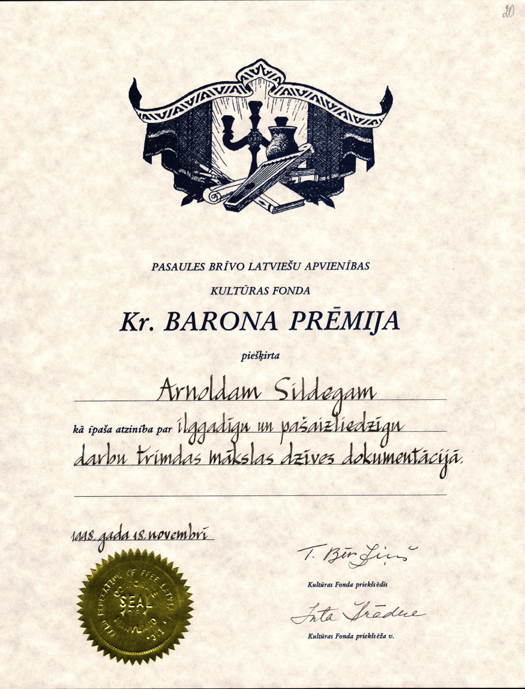 A. Sildega saņemtais atzinības raksts par viņam piešķirto PBLA Kultūras fonda Krišjāņa Barona prēmiju. 1998. gada 18. novembris.