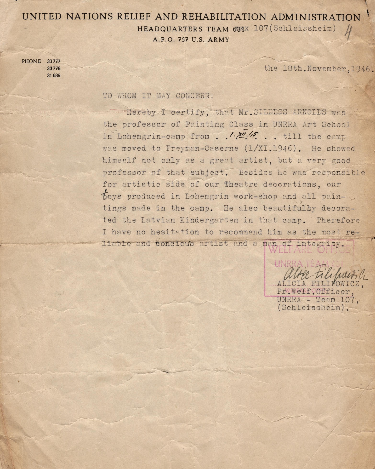 Apvienoto Nāciju Organizācijas Palīdzības un rehabilitācijas aģentūras (UNRRA) rakstīta A. Sildega rekomendācijas vēstule. 1946. gada 18. novembris.