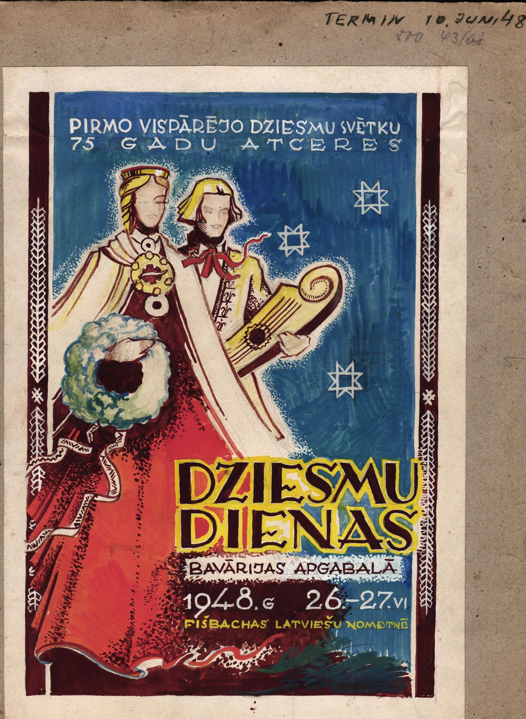 A. Sildega veidotais Dziesmu dienu Bavārijas apgabalā – Fišbahas latviešu nometnē – plakāta grafiskais dizains. 1948. gads.