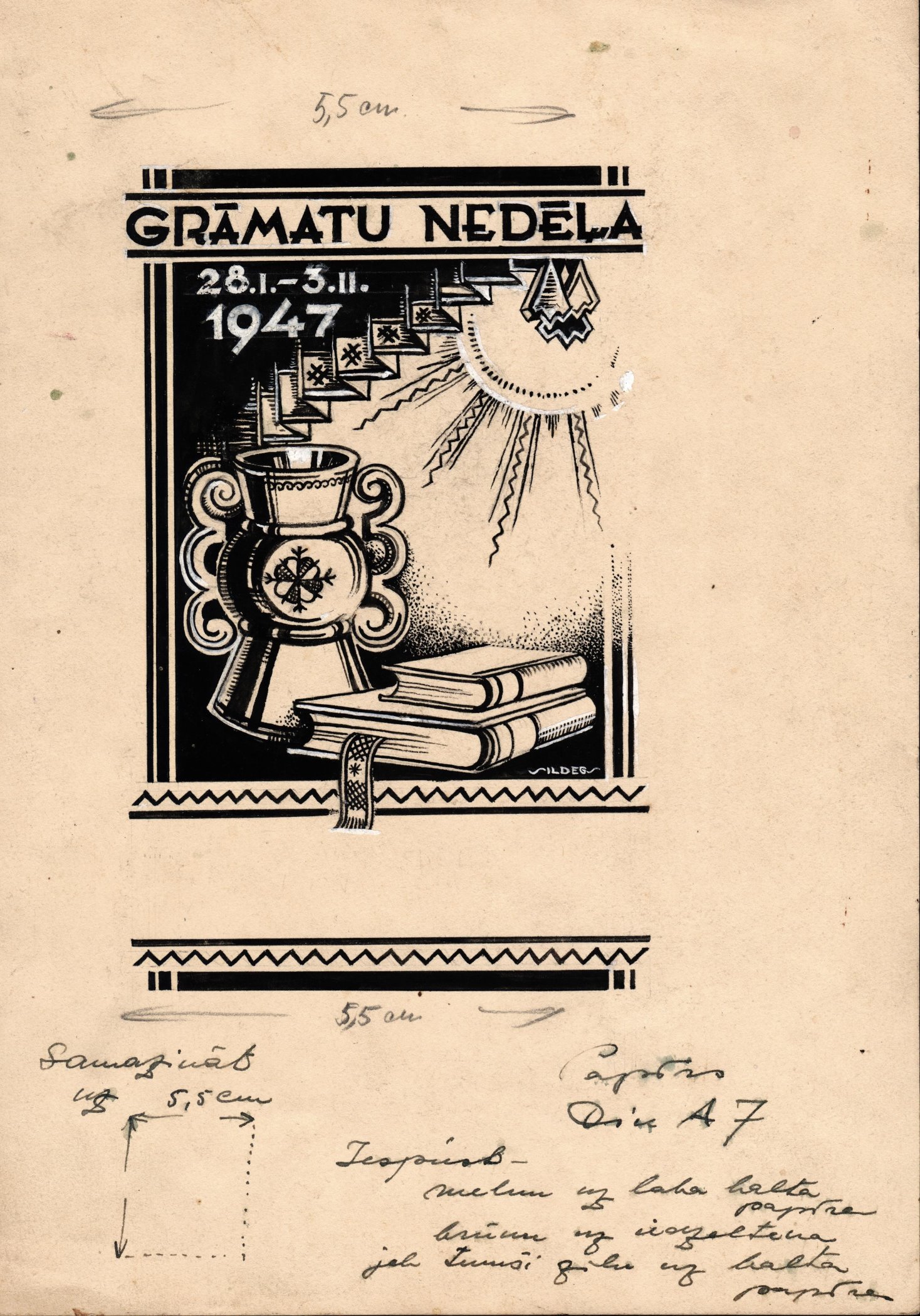 A. Sildega grafiskā dizaina skice paziņojumam par "Grāmatu nedēļu" Lohengrīnas nometnē Minhenē. 1947. gads.